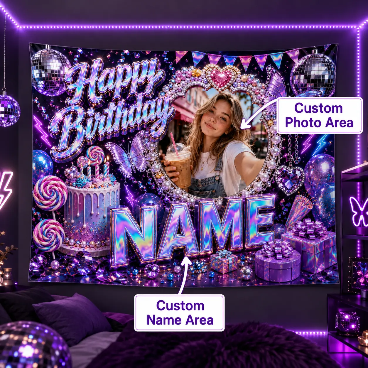 Personalized Purple Birthday Backdrop with Photo and Name, Pearl-Style Frame, Butterflies, Cake, Balloons and Gifts