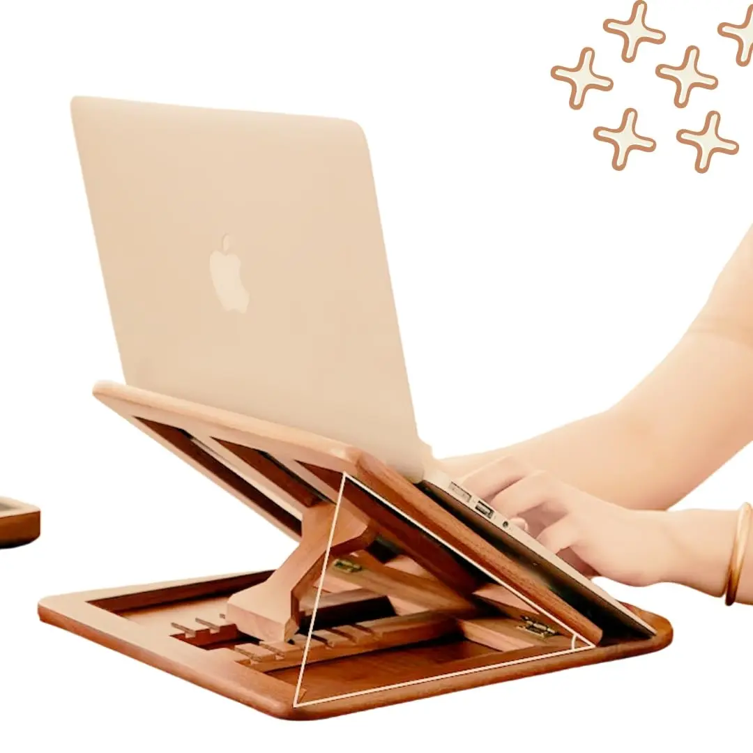 Wooden Laptop Stand for Desk & Wood - Style Laptop Stand, Foldable and Adjustable Ergonomic Notebook, Book, Phone & Tablet Stand, 6 - Gear Angle Adjustment, Bamboo Foldable Laptop Stand Holder Cooling for 10-15.6 Inch