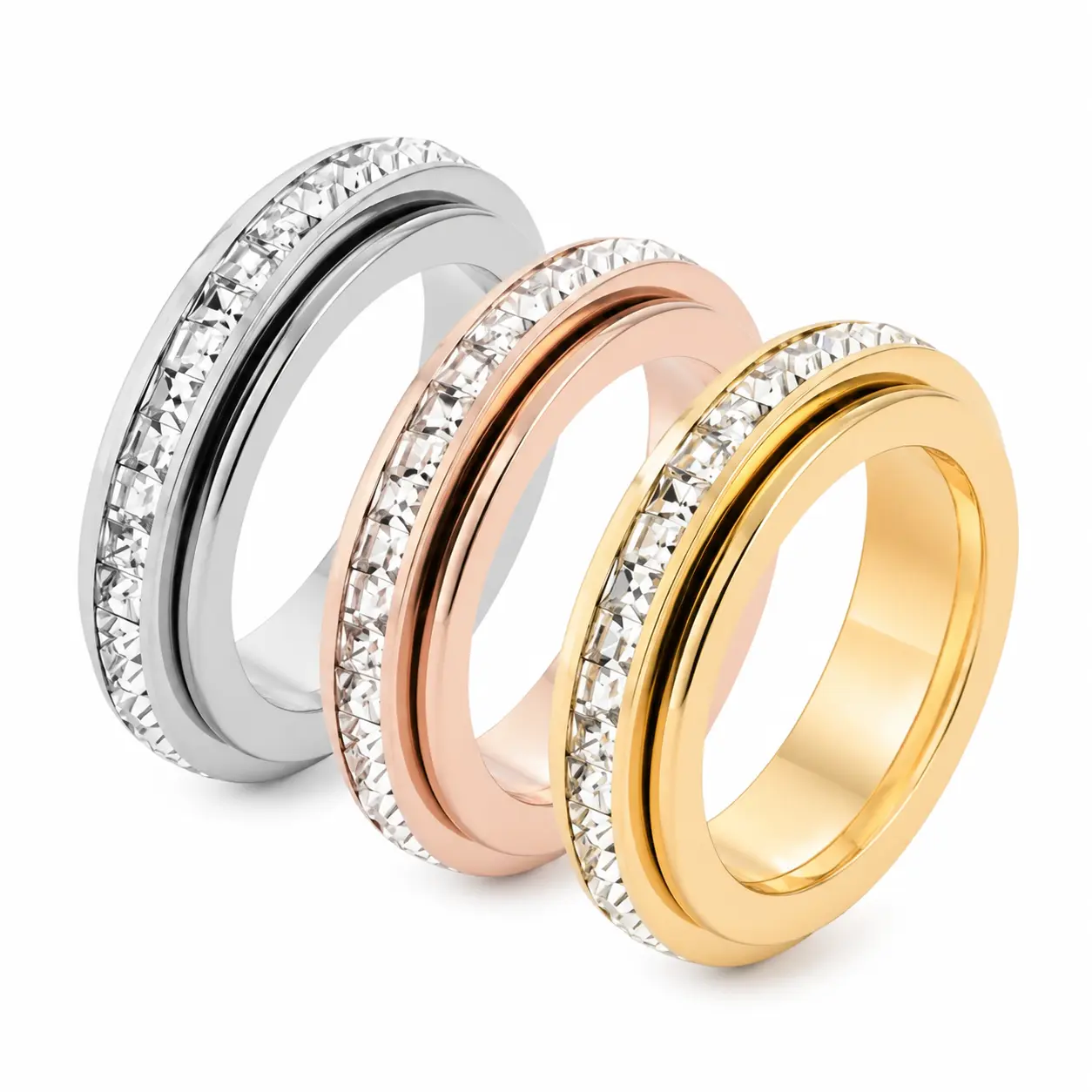Women’s 3-Piece Adjustable Cubic Zirconia Spinner Rings - Smooth Spin Geometric Cubes, Kinetic Movement, Stress Reliever, Focus Support, Hypoallergenic Nickel-Free Alloy for Sensitive Skin (Sports & Outdoor Protective Gear Accessory)