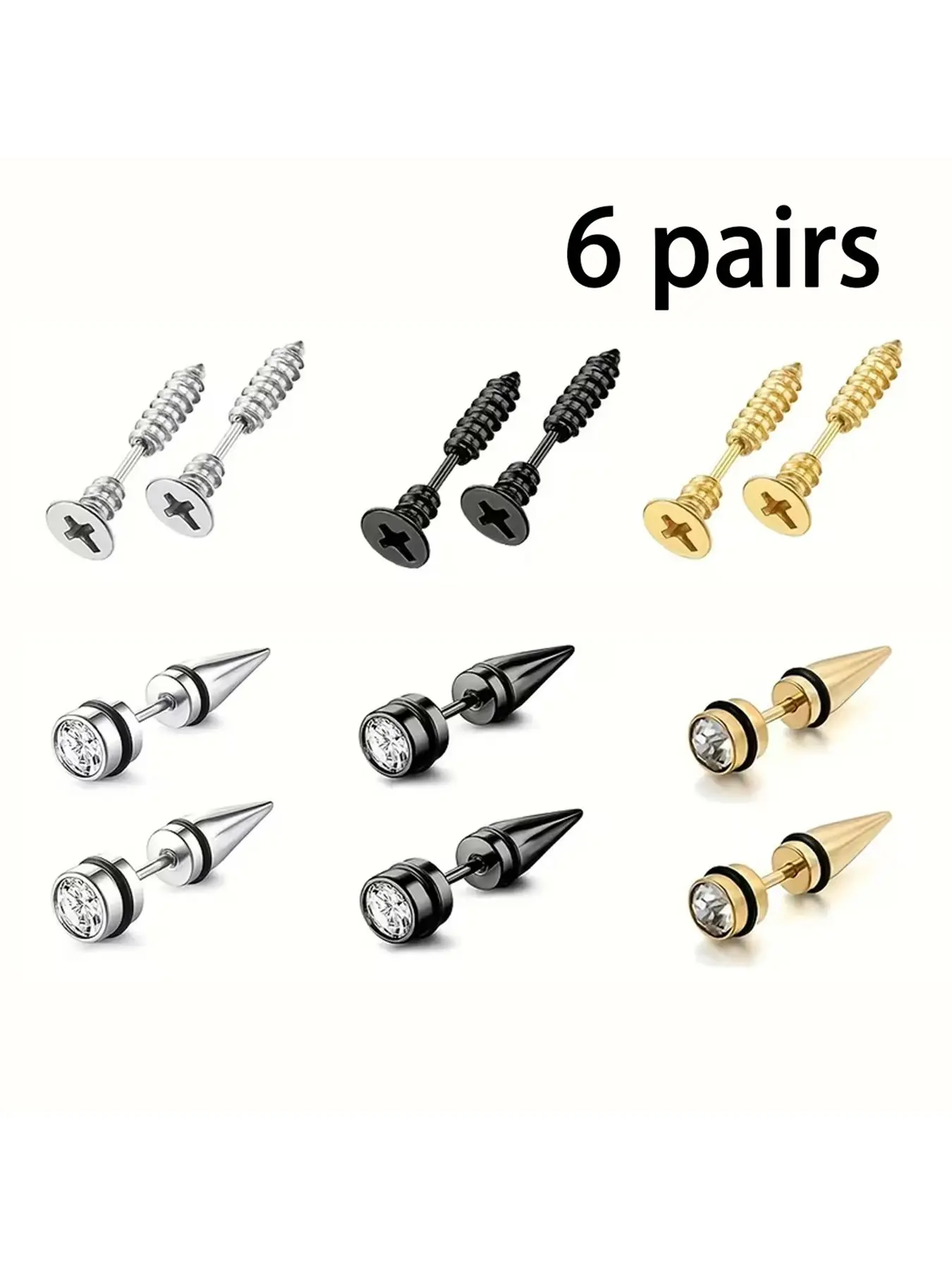 6 Pairs Hypoallergenic Stainless Steel Fashion Safe Screw Earrings Set, Earring Pack, Conical Studs, Punk Style, Unisex Jewelry Accessories