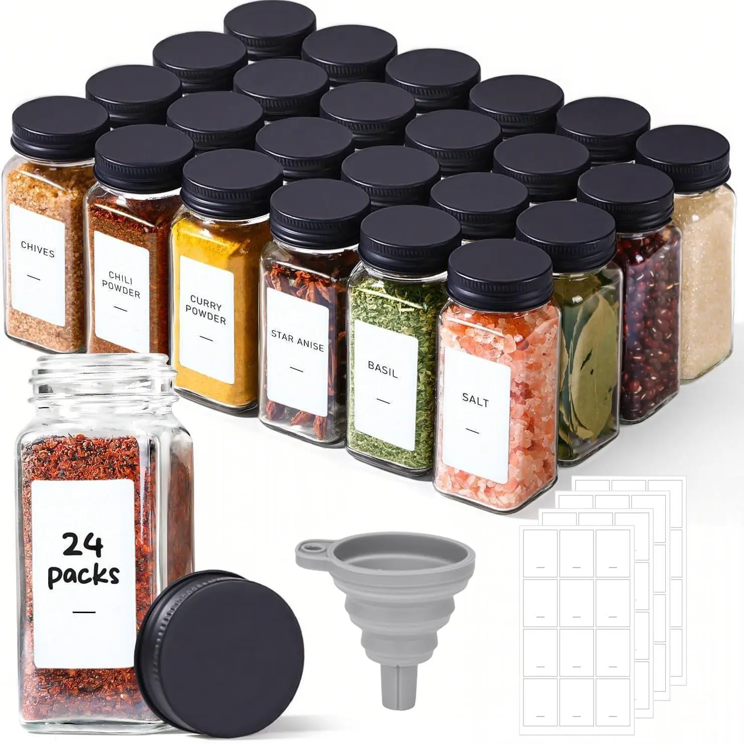 24 Pcs Glass Spice Jars with Lids, 4 oz Glass Jars with Labels, Collapsible Funnel, Seasoning Storage Bottles for Spice Rack, Cabinet, Drawer, Spices Containers