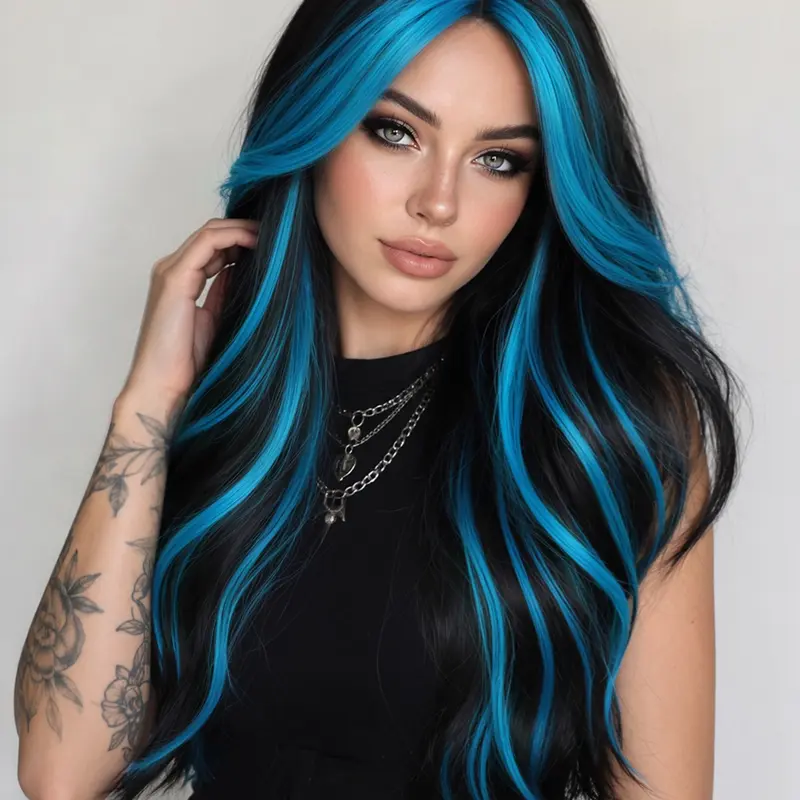 24-Inch Blue Ombre Wavy Wig, Mechanic Large Scalp Realistic Parting, Stylish Full Headpiece Halloween Costume, Synthetic Material Wigs