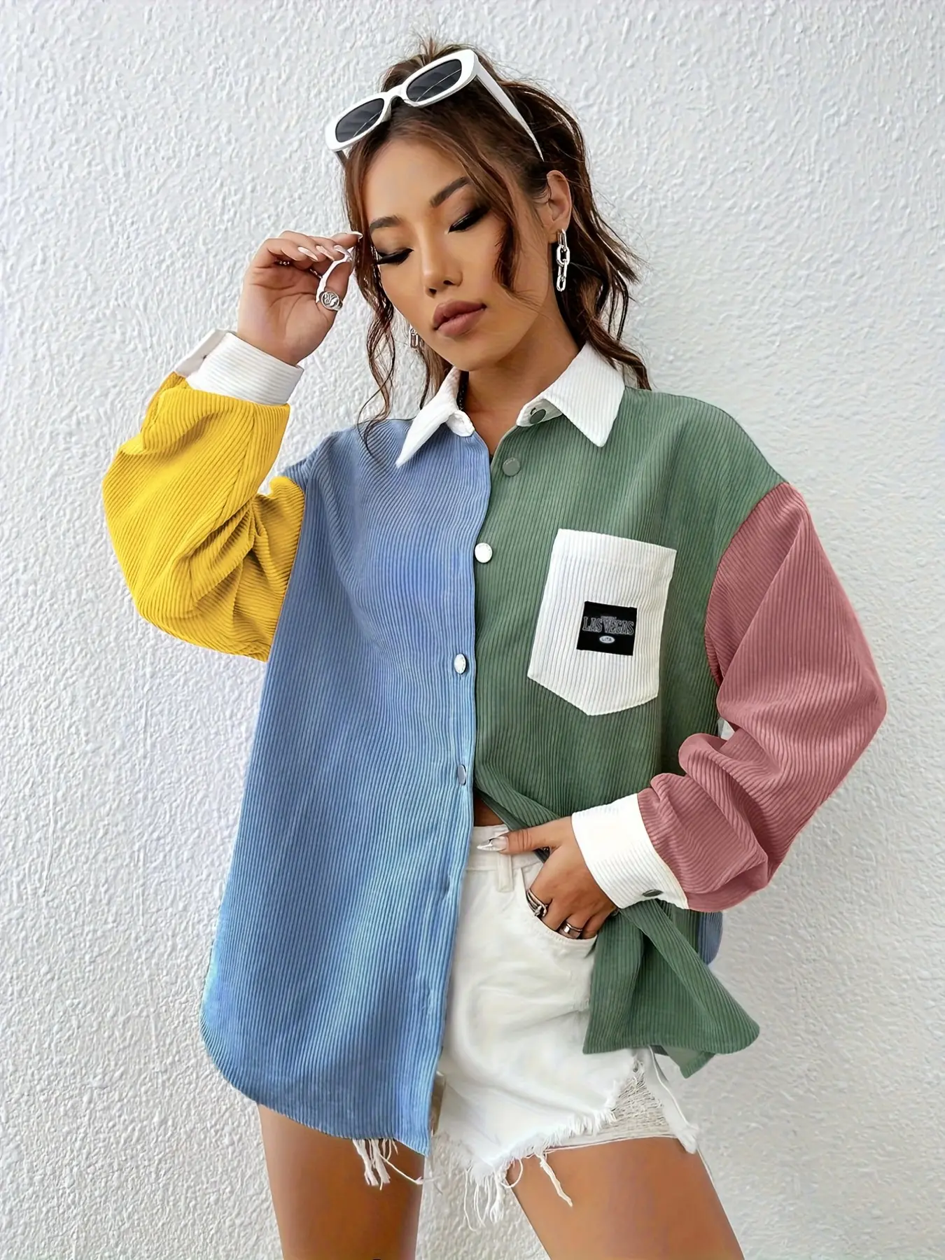 Women's Fashion Color Block Drop Shoulder Text Patch Velvet Coat, Stylish and Trendy Outerwear, Perfect for Casual and Chic Looks