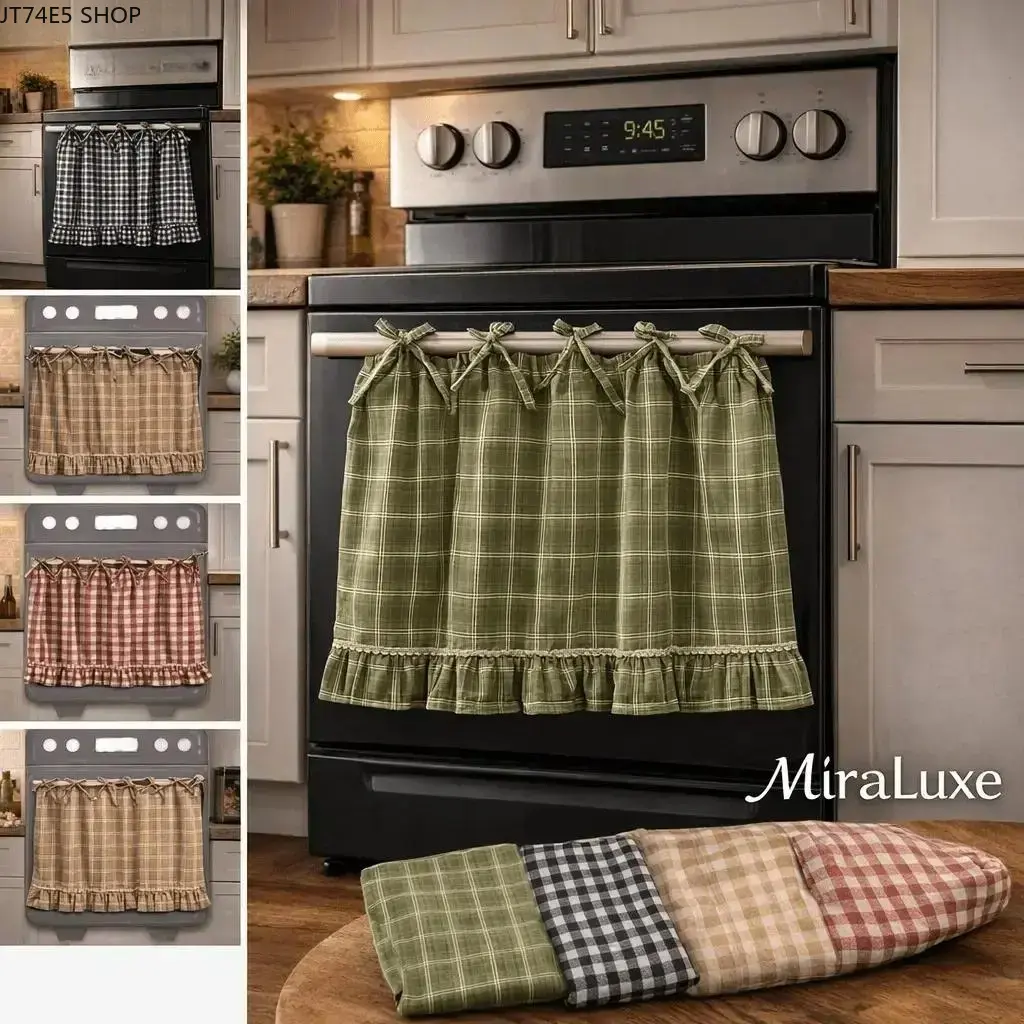 Farmhouse Grid Decorative Skirt Curtain, Rustic Ruffled Cabinet & Stove Cover Curtain, Easy DIY Home Kitchen Decor