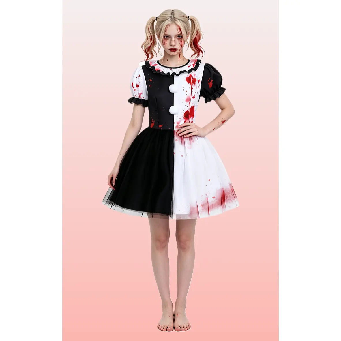 Women's Terrifier Clown Halloween Horror Cosplay Costume, Polyester Black White Tulle Tutu Dress with Simulated Blood Stains