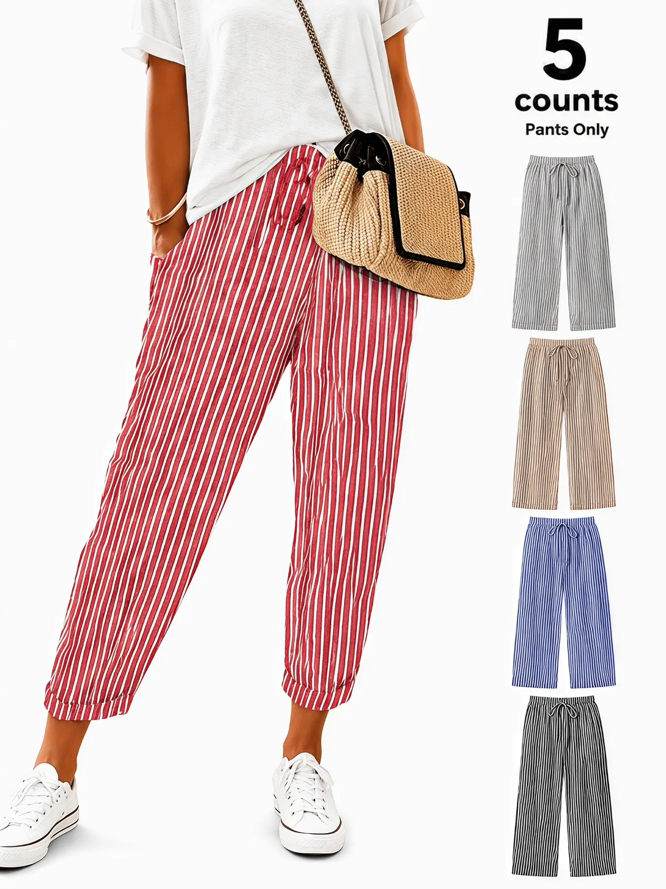 2026 Fall Vintage Vertical Striped Cropped Ankle Pants, High Waist Slim Fit, Breathable Tapered Joggers, Multi Retro Shades