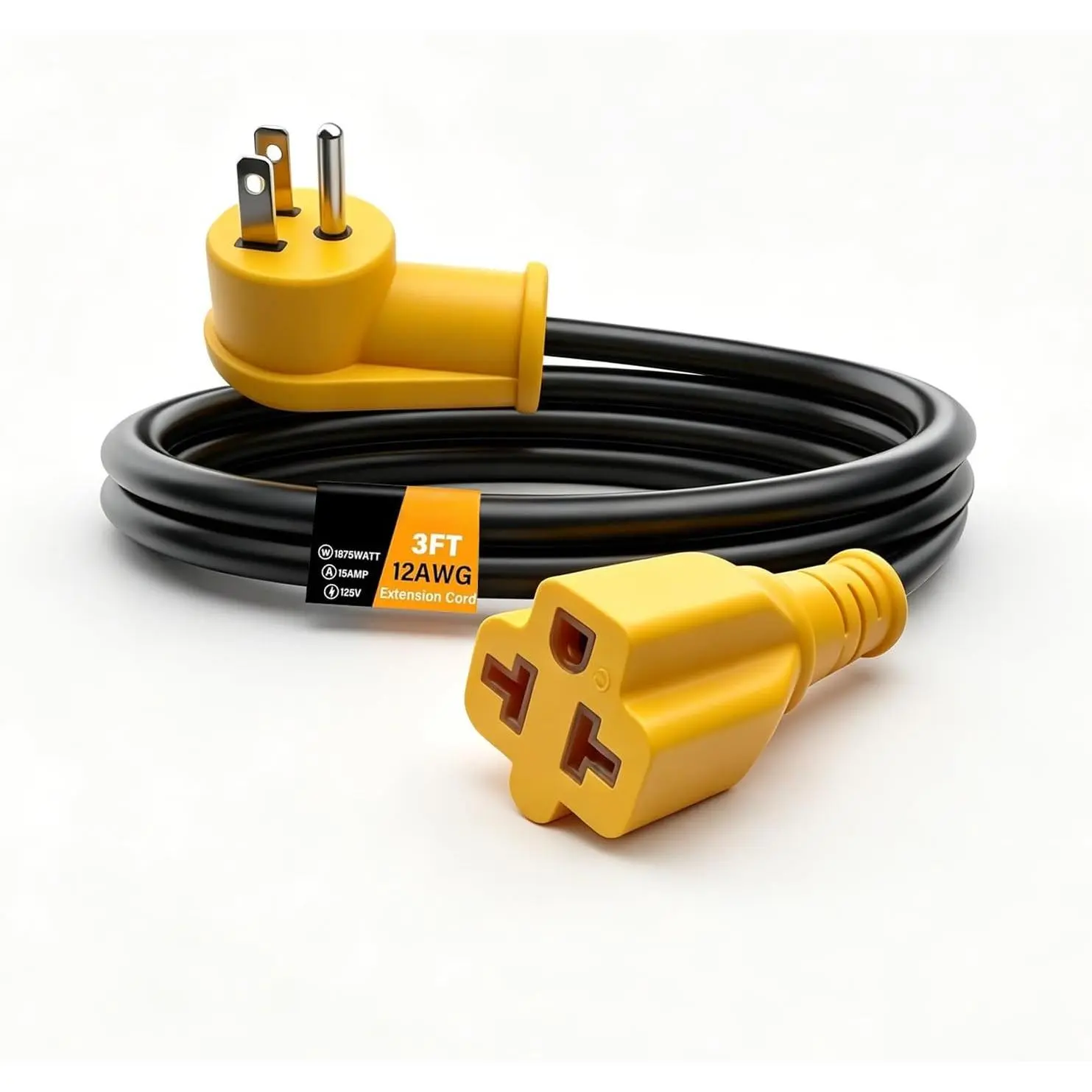 Heavy Duty 3Ft 15A 90° Extension Cord [4-in-1],12AWG 15 Amp Household Plug to 20 Amp T-Type Cable,Nema 5-15P to 5-20R,5-15P to 6-15R/20R,125V 15-am to 20-a ACPower Extension Cord,lead,light,