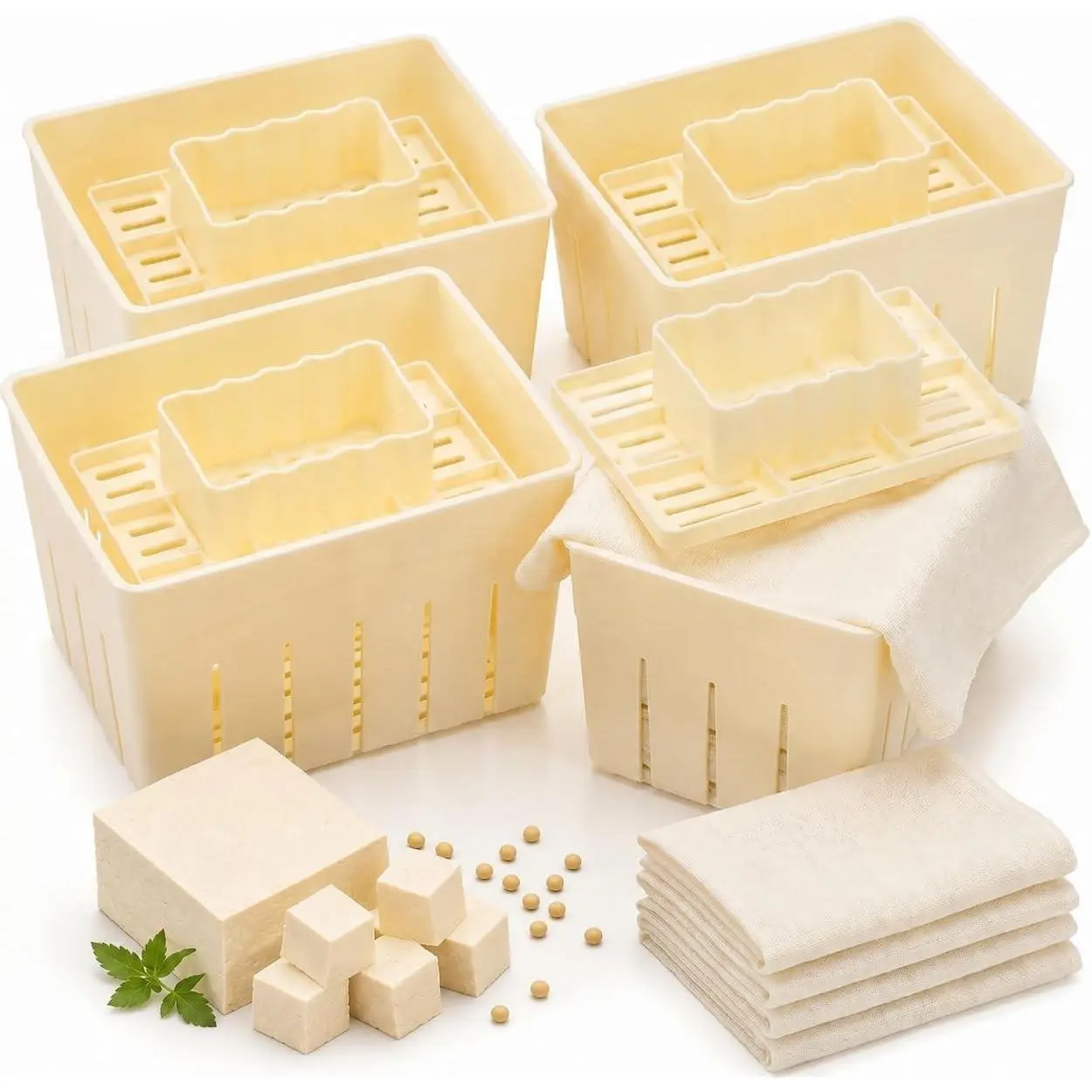 Noamus 4 Pack Tofu Press Mould, Food Grade BPA Free Plastic DIY Homemade Cheese Maker, Rectangular Press Mold with Cheesecloth Kit, Home Kitchen Soybean Curd Making Tool