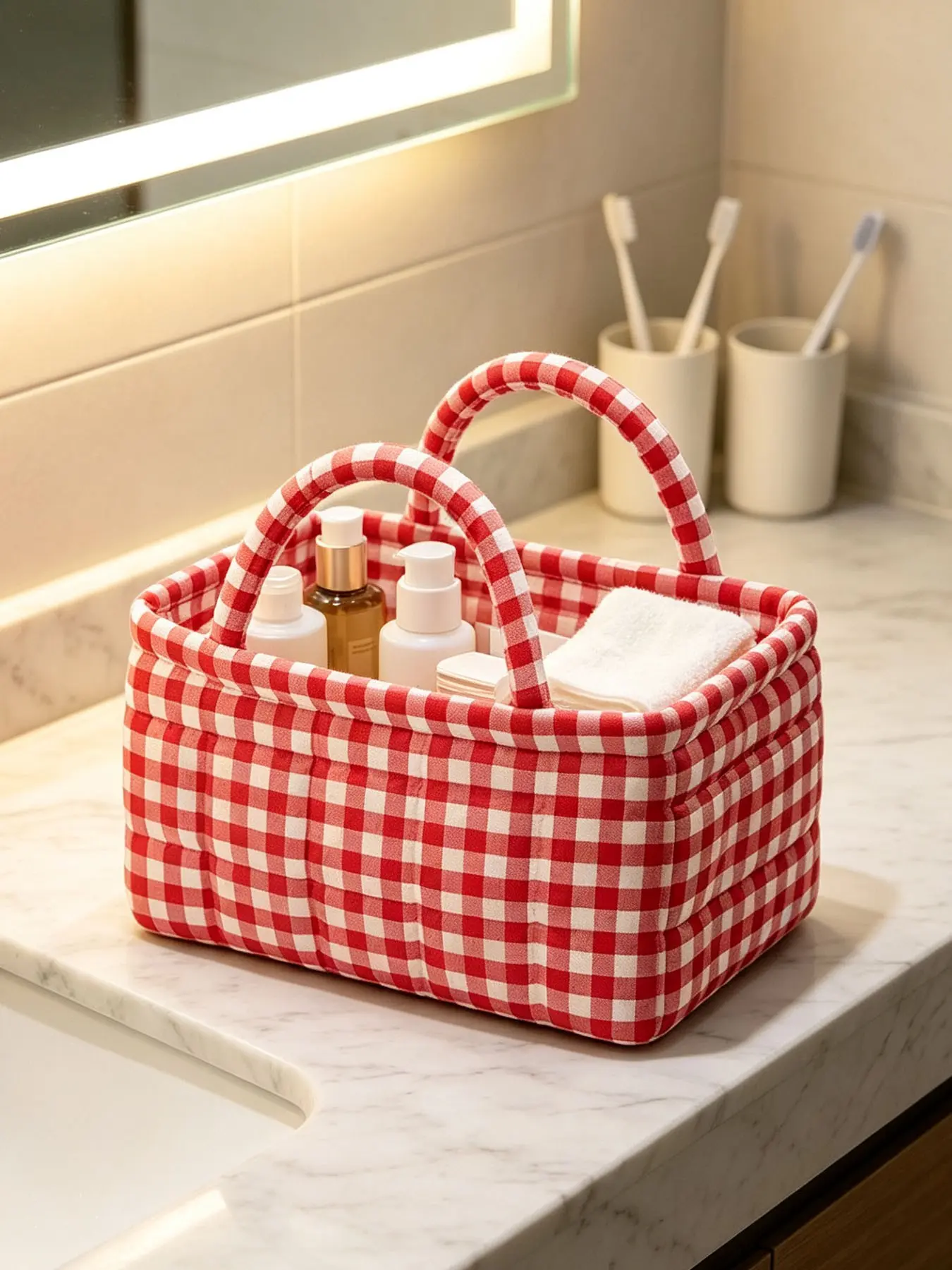 Portable Grid Quilted Fabric Storage Basket with Dual Handles, Soft Padded Desktop Organizer Caddy, Multi-purpose Bin for Makeup, Skincare and Bathroom Supplies
