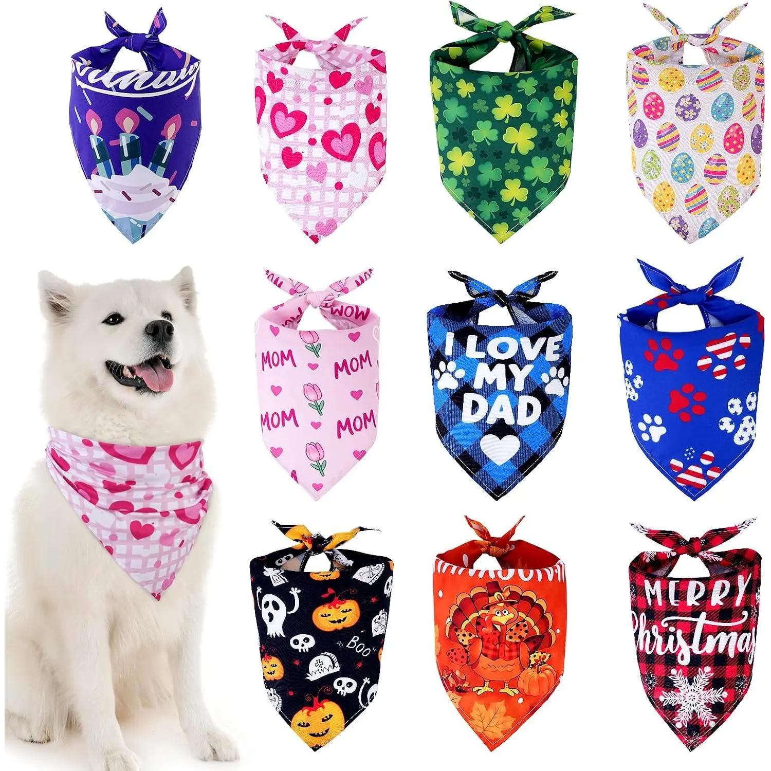 10 count Holiday  Bandanas Set,   Scarf Bandana for Large Dogs Cats Boy Girl, Easter  Day Fathers Day 4th of July Halloween Thanksgiving Christmas Birthday  Bandanas(Size L)