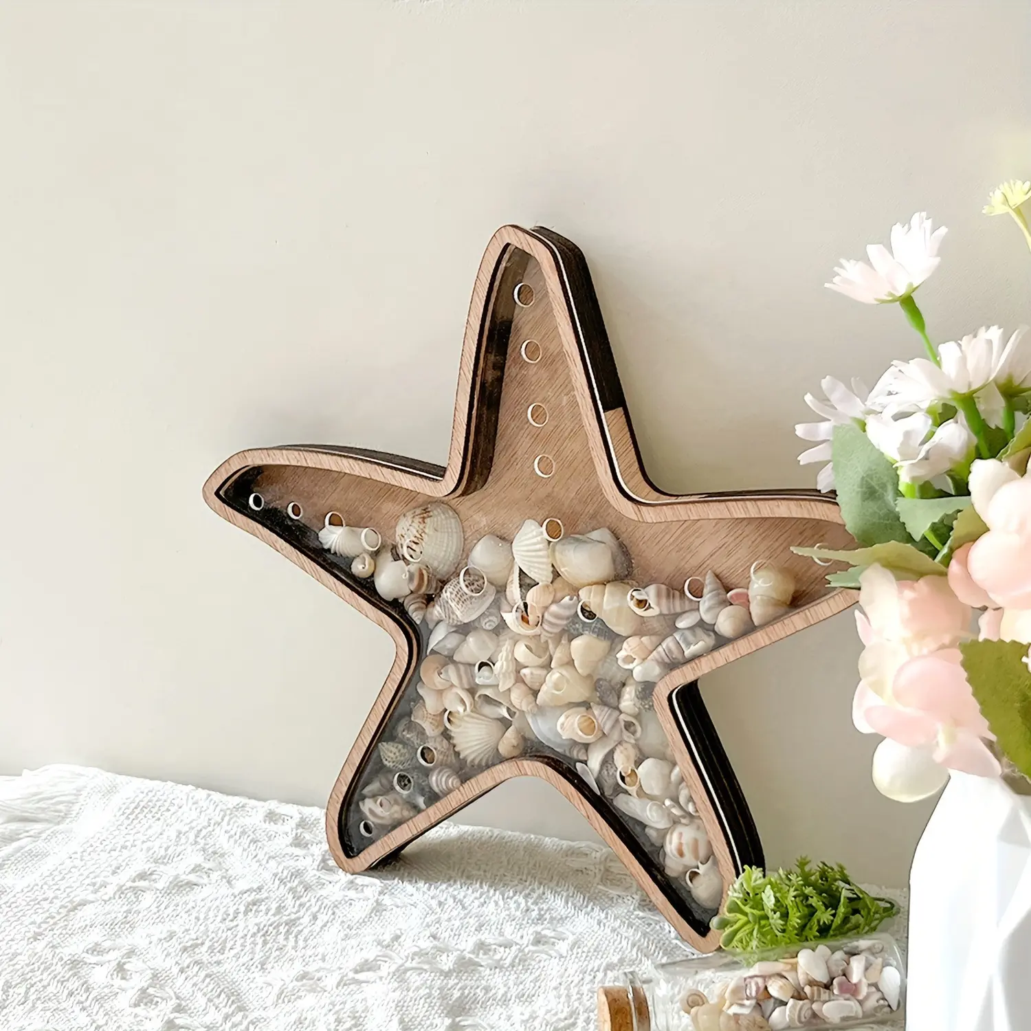 Wooden Starfish Shell Display Box, Display Container, Ocean Style Coastal Charm Decorative Transparent Storage Decor, Beach Seashell Memorial Decoration, Nautical Home Ornament, Serene Atmosphere, Home Decor Organiser, Decorative Bin