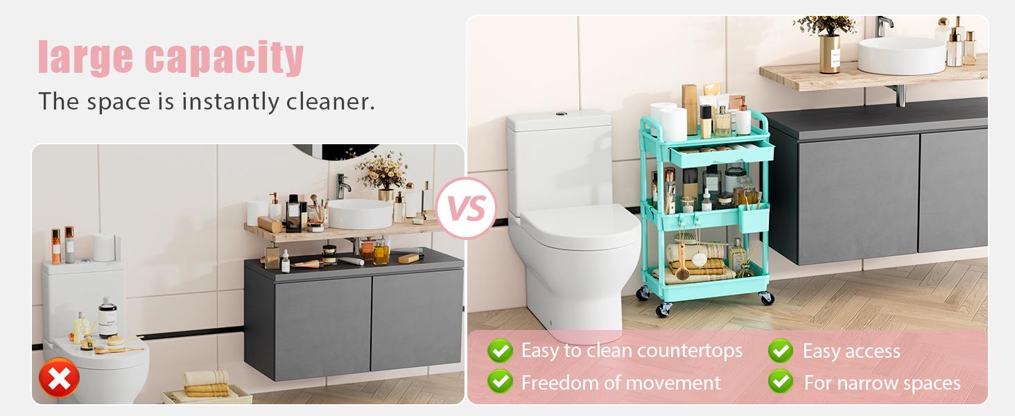 3 Tier Rolling Utility Cart Organizer with Removable Drawer, Stable and Sturdy Pink Rolling Storage Carts with 2 Lockable Wheels for Bathroom, Kitchen, Snack, Craft, Makeup, Baby Essentials