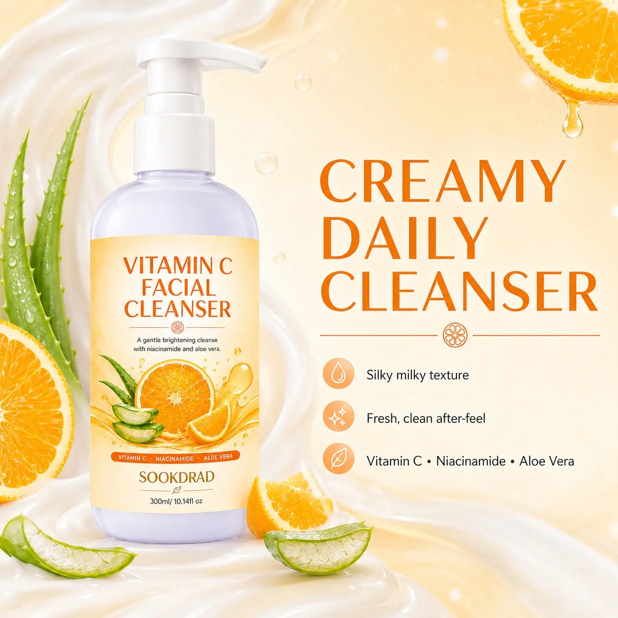 Vitamin C Facial Cleanser, niacinamide, aloe vera, gentle brightening, facial cleansing, all skin types, daily care, 300ml/10.14fl oz, Brightening Face Wash