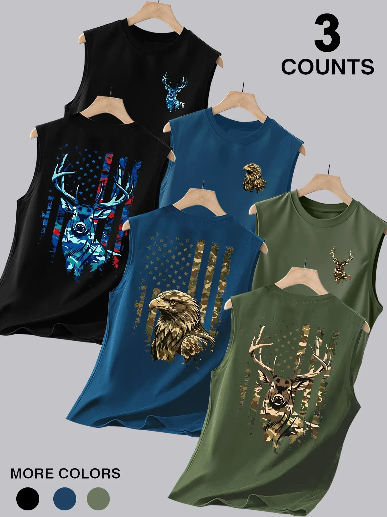 3-Pack Men's Classic Crew Neck Sleeveless Muscle Tank Tops, Double-Sided Printed with Camo Wildlife Eagle Vintage American Flag Graphics, Ideal for Outdoor Hunting, Workout, Camping & Daily Wear