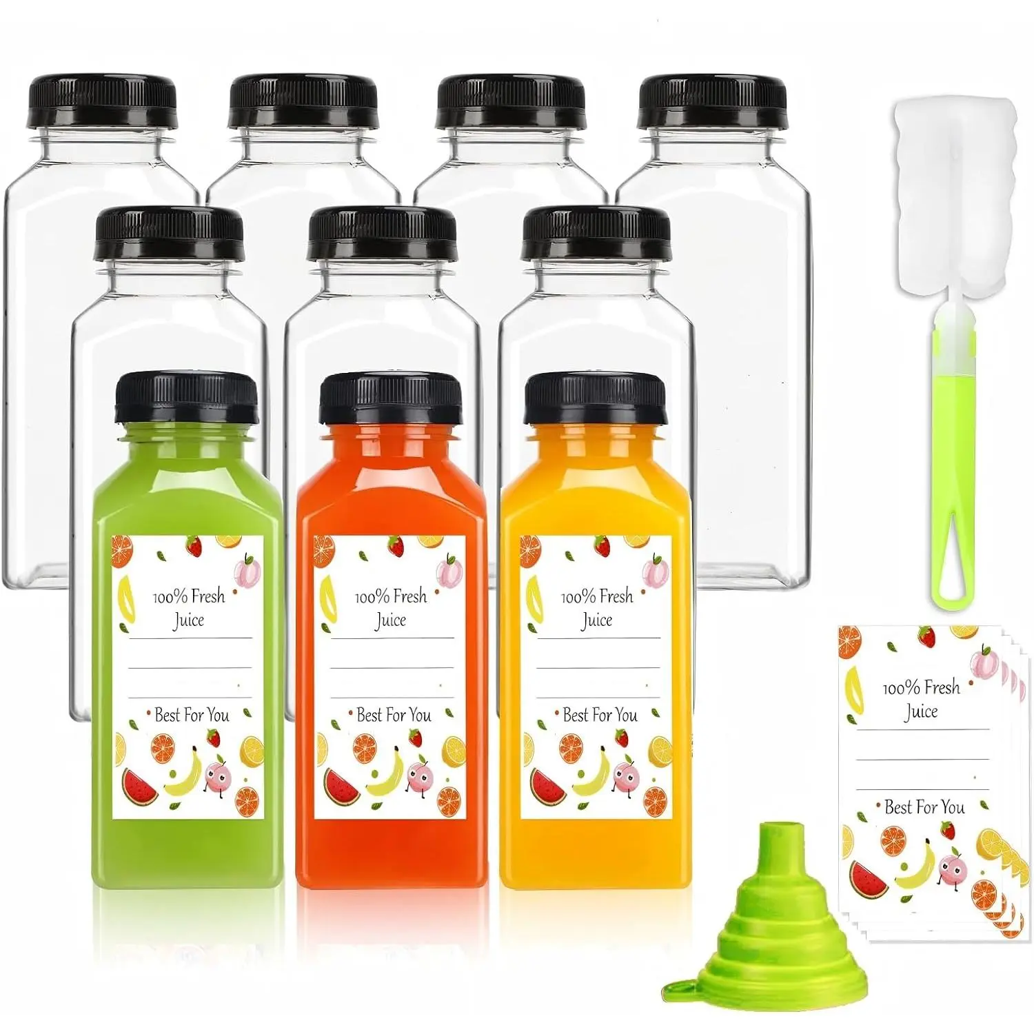 Plastic Juice Bottles with Caps 10 count 12oz,  Juice Containers with Black Tamper-Evident , Clear Bottles for Juicing, Milk, Smoothie Bottle, Drinking with 10 Labels, Brush and Funnel