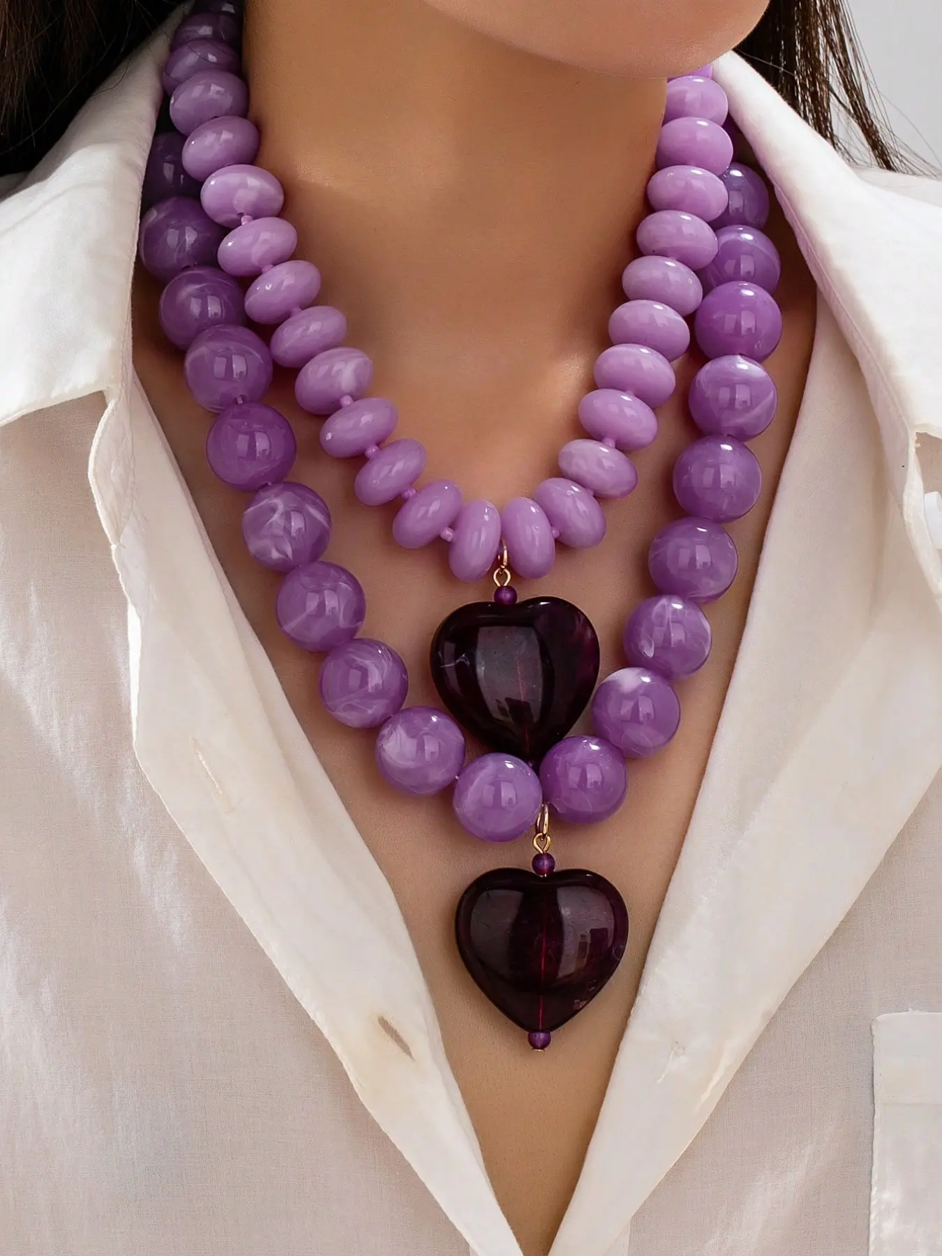 2 Pcs Chunky Purple Beaded Statement Costume Jewelry Necklace for Women - Acrylic Heart Pendant Choker, Bold Purple Jewelry for Party & Daily Wear, Fashionable Jewelry Accessories