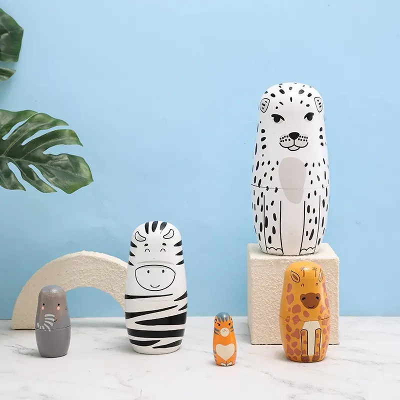 5 Piece Snow Leopard Russian Doll Set, Hand-Painted Wooden Ornaments, Bright Colors, Smooth Edges, Perfect Gift for Kids, Adults, Crafters