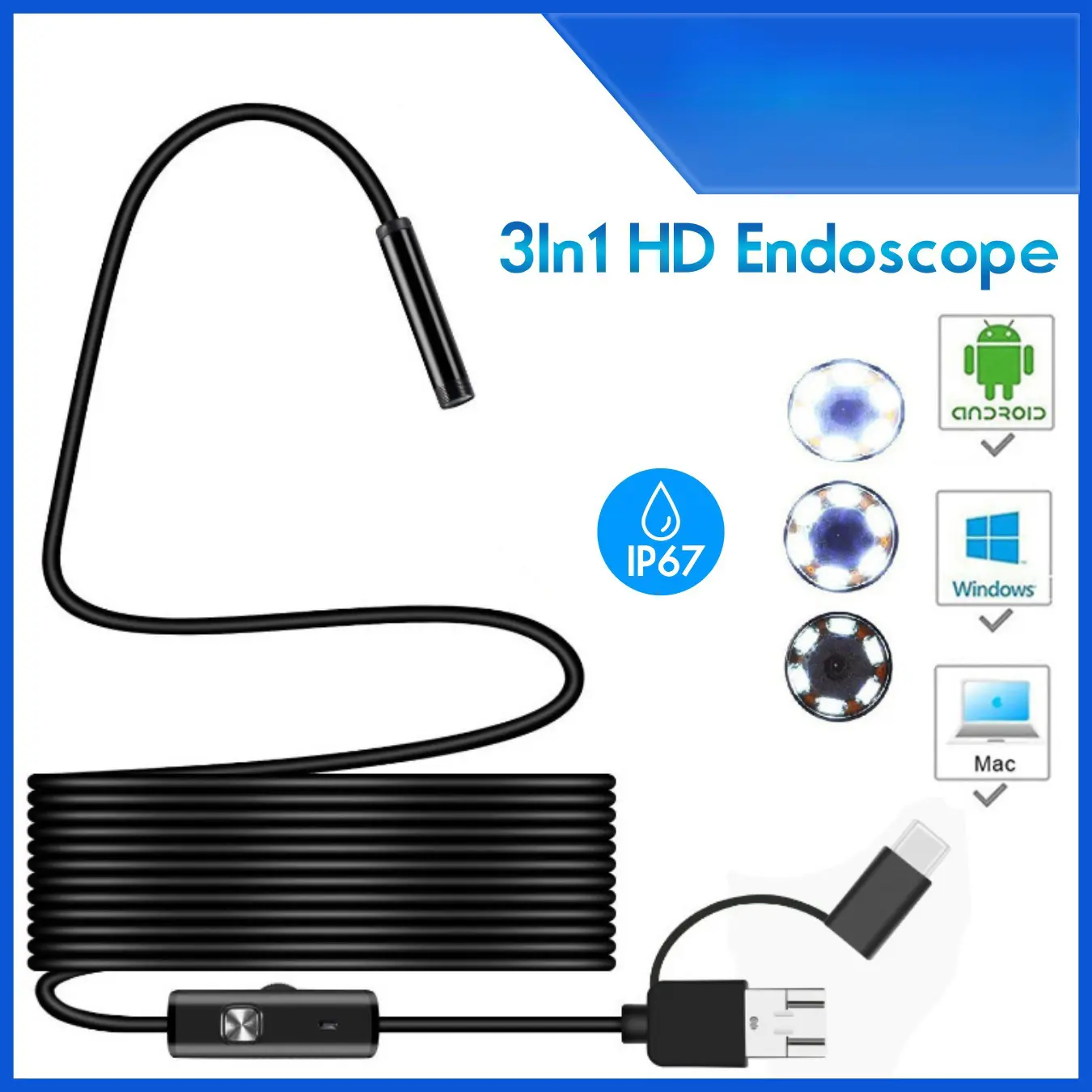 5.5mm Type C USB Endoscope Camera 3-in-1 for Car AC Pipe Inspection with Laptop Phone Compatibility