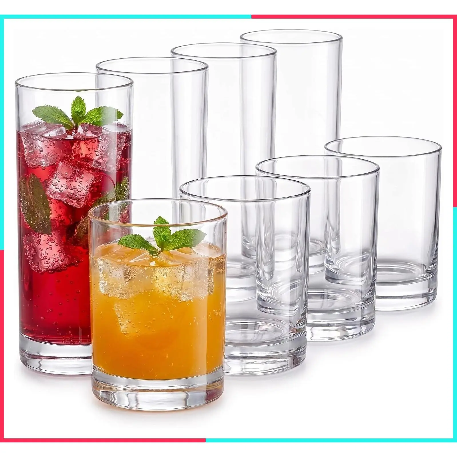 Acrylic Drinking Glasses Set of 8, 14oz Rocks & 20oz Water Cups, Unbreakable Plastic Drinkware, Clear Kitchen Tumblers for Home & Outdoors, Reusable, BPA-Free, Top-Rack Dishwasher Safe