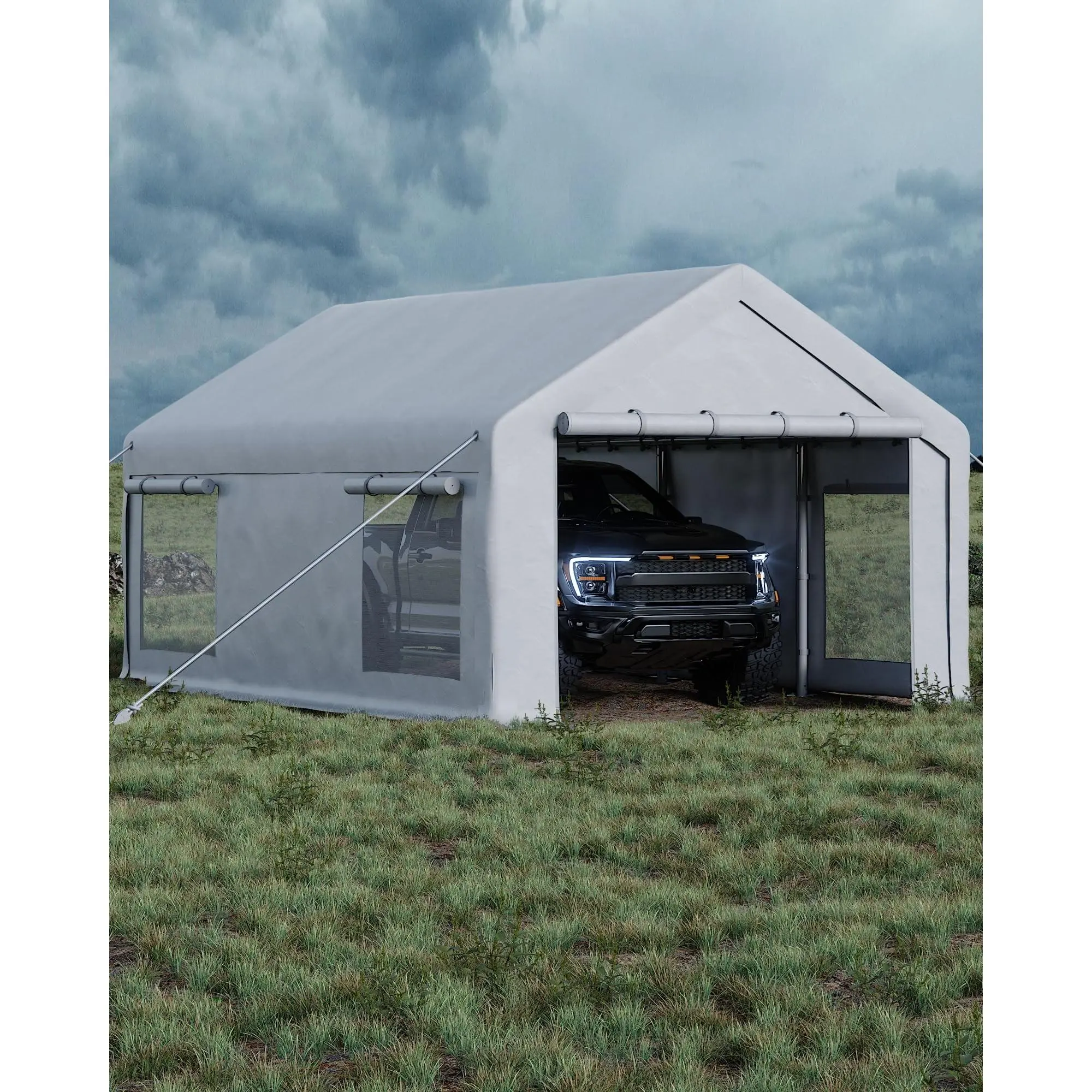 Garvee 13x20 Ft Carport with 8 Sandbags, Car Port with 220g PE Tarp, 2 Roll-Up Doors, and 4 Windows, for Full-Size Pickups, Bass Boats, Tractors, and SUVs, White