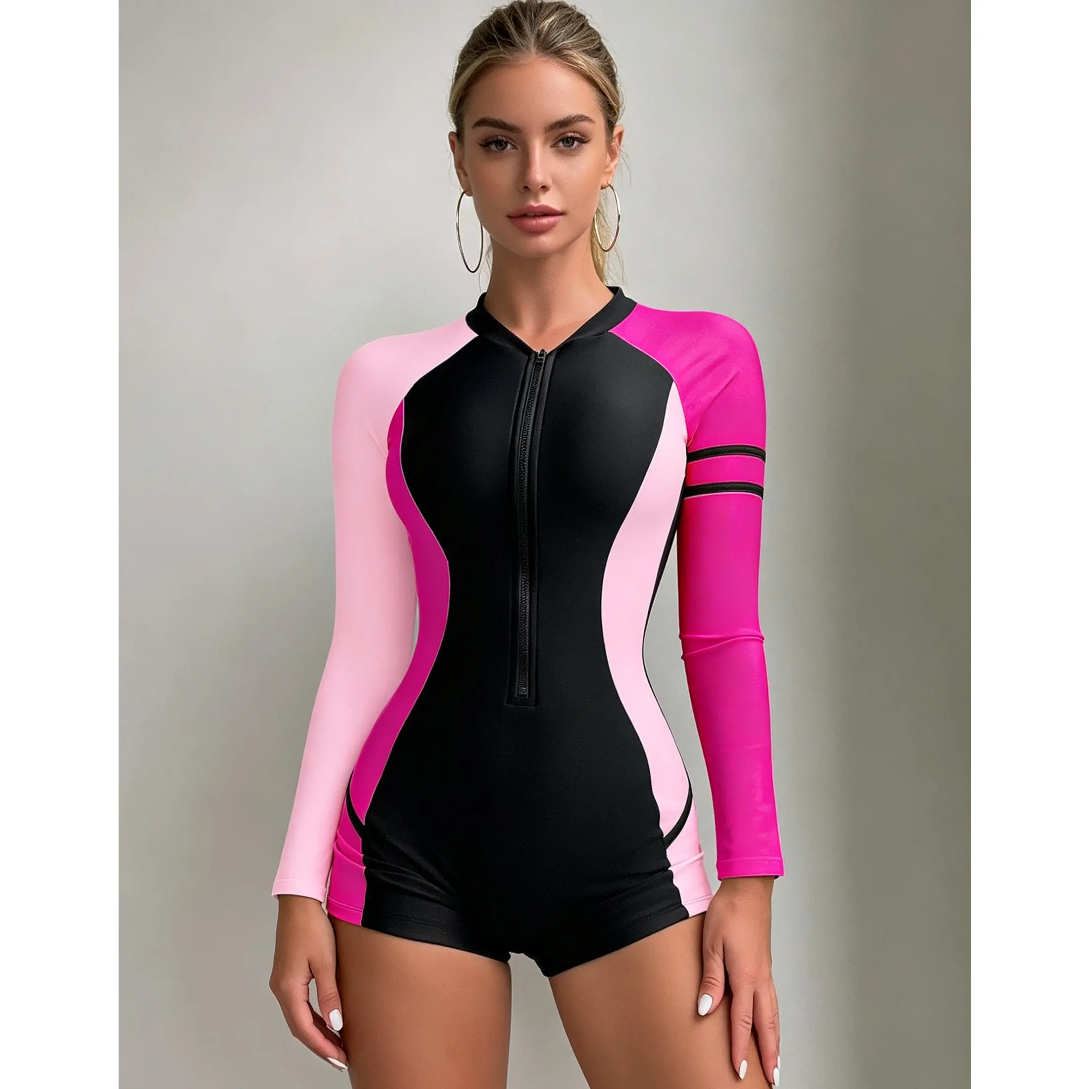 Women's Color Block Long Sleeve Quick-Dry One-Piece Rash Guard Swimsuit with Front Zipper Boyshort Bottom, Suitable for Snorkeling, Swimming and Beach Activities