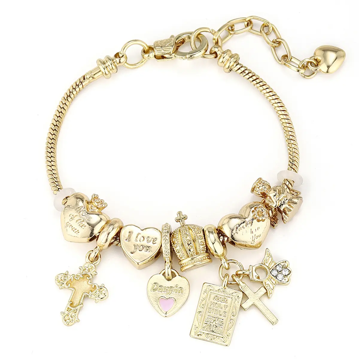 Religious Link Chain Jewelry with Detachable and Adjustable Symbolic Charms - Inspirational Customized Pendant Design for Couples, Angel, Cross Charm Bangle, Exquisite Trendy Bracelet, Heart Charm Bracelet