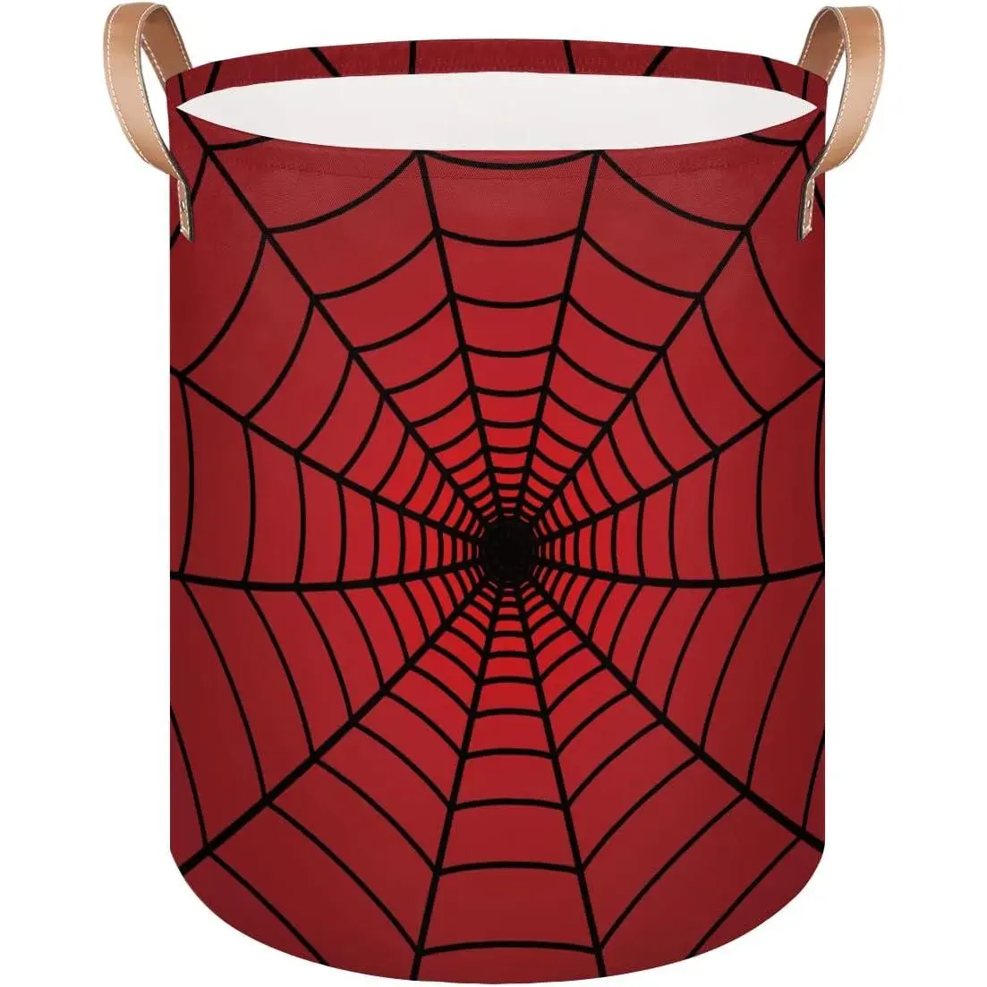 Red Spider Web Graphic Round Laundry Hamper Basket for Boys, 18" Collapsible Machine-Washable Polyester Sturdy Lightweight Clothes Storage Bin with Handles, Home Supplies for Kid Room Decor, Bathroom Use