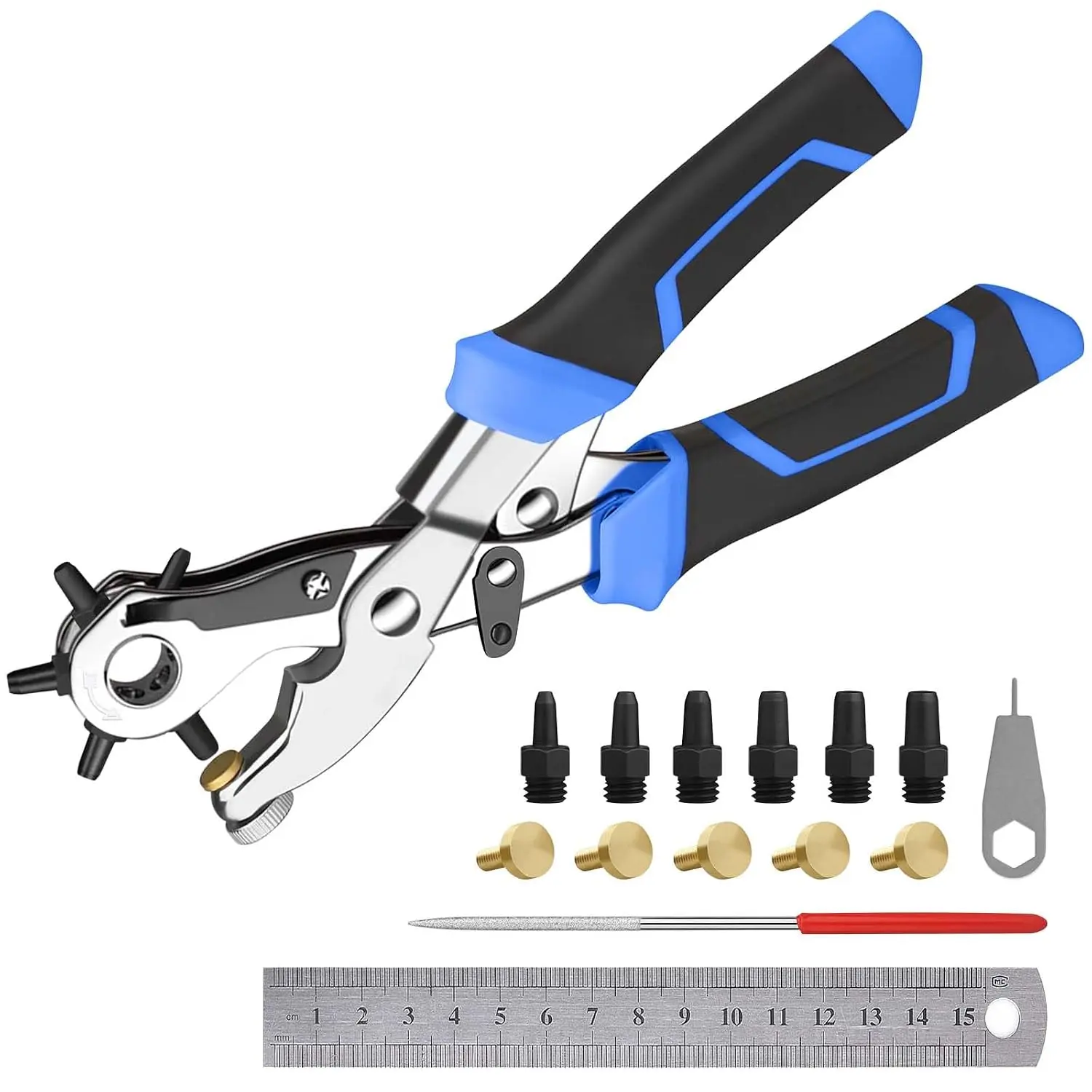 Heavy Duty Double-Lever Rotary Leather Hole Puncher with Blue Design, 5 Replaceable Bases, 6 Spare Punch Heads, 6 Sizes for Belts/Fabrics, Ideal for DIY Users, Belts/Fabric