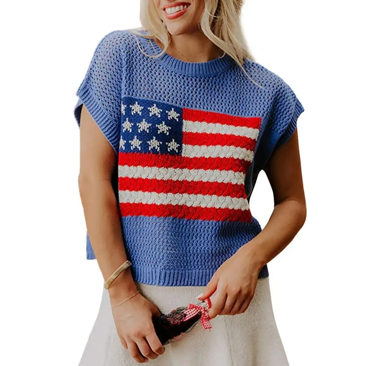 4th of july shirts - Women's American Flag Graphic Relaxed Fit Short Sleeve Knit Sweater Top for Independence Day Festivals & Casual Streetwear Knitwear - Womenswear