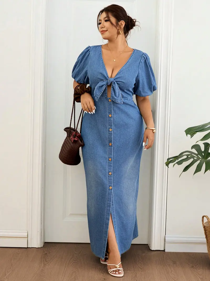 denim dress with bow tie Denim Long Sleeve Dress w/Front Bow Tie ILD4766