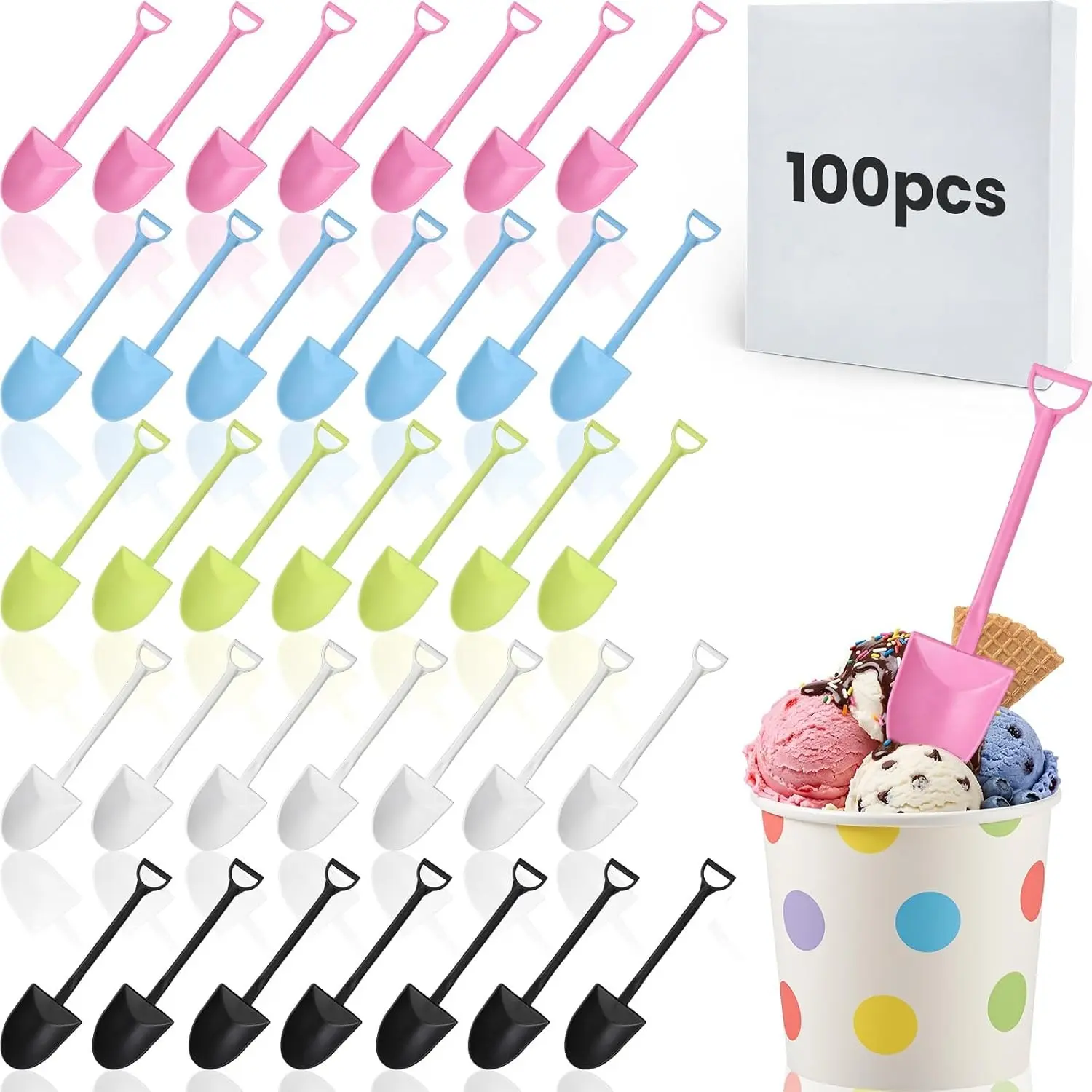 100 Pcs Multicolor Disposable Plastic Shovel Spoons, 4.7 in Individually Wrapped Bulk Cutlery, Sturdy Handy Tableware for Ice Cream, Small Cake & Serving Yogurt Pudding Sugar, Shaped