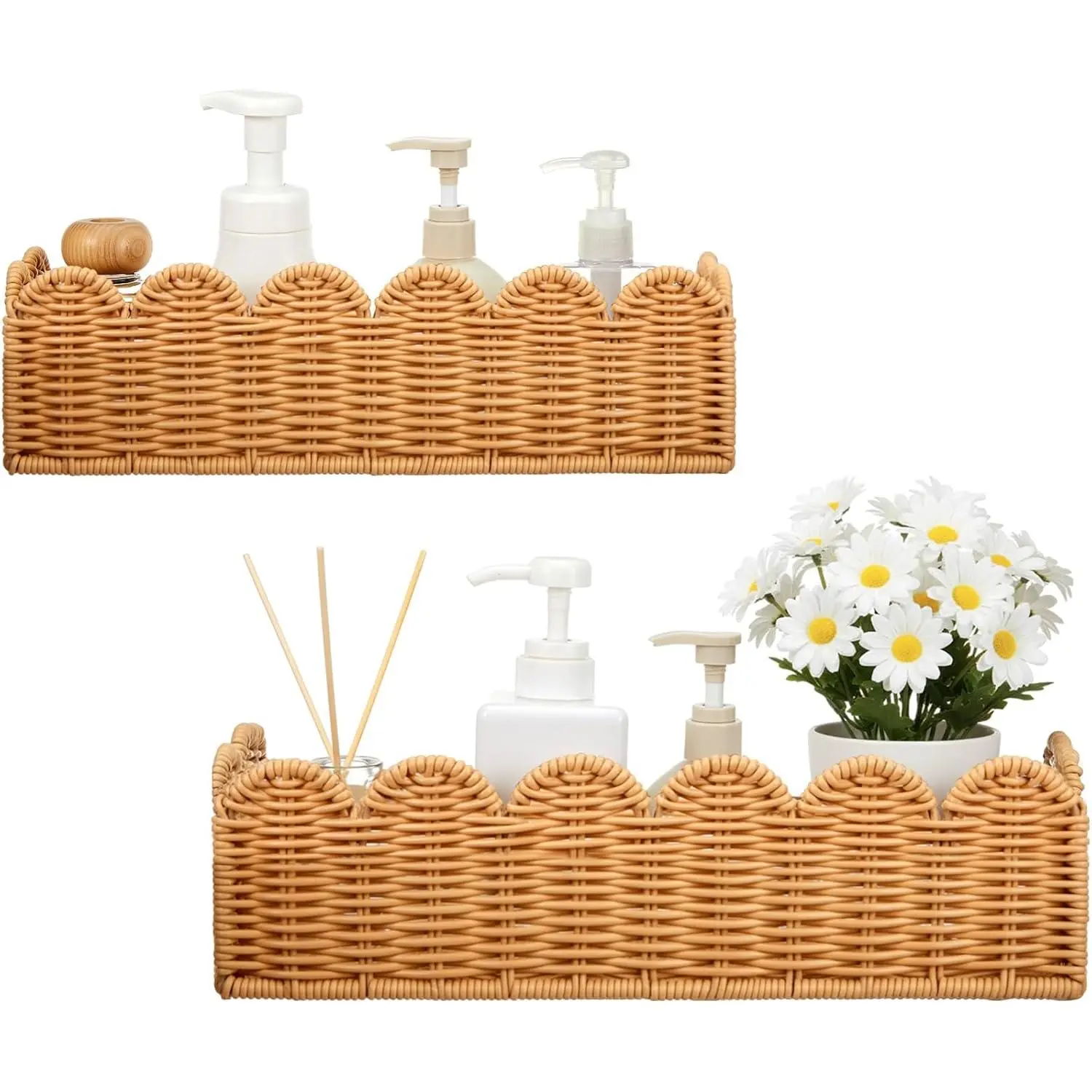 2 Pcs Scalloped Hanging Shower Caddy, Wicker Wall Bathroom Shelves, Waterproof Shower Shelves for Cosmetics, Toiletries Organization and Storage, Rattan Wall Rack for Bathroom Decor
