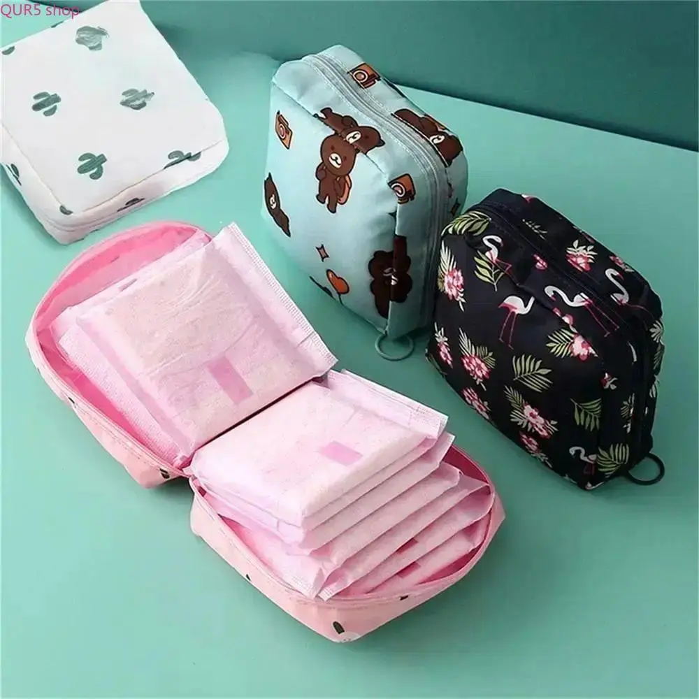 3-Piece Random Cartoon Print Soft Zipper Pouch Set, Portable Multi-Purpose Storage Bag For Sanitary Pads, Travel Daily Storage And Outdoor Sports Gear Organizer
