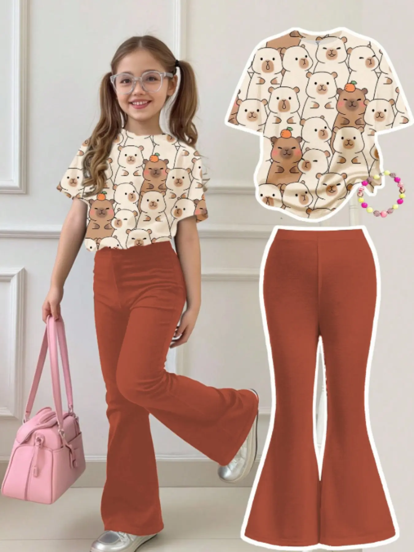 Girls 2 Piece Outfits Cute Capybara Print Casual Tracksuit - Short Sleeve Crew Neck T-Shirt & High Waist Flare Pants Loungewear Set, Beige & Brown