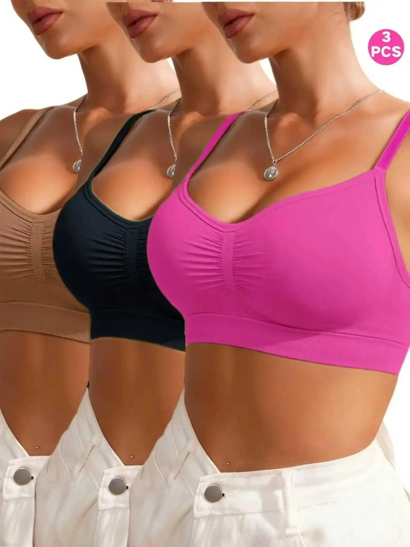 Women's Multi-Pack Seamless Cami Bras, Wireless Bralette with Ruched Front & Spaghetti Straps | Soft Stretch, Light Support, Comfortable Everyday Bra for Yoga, Lounging, Sleep & Daily Wear
