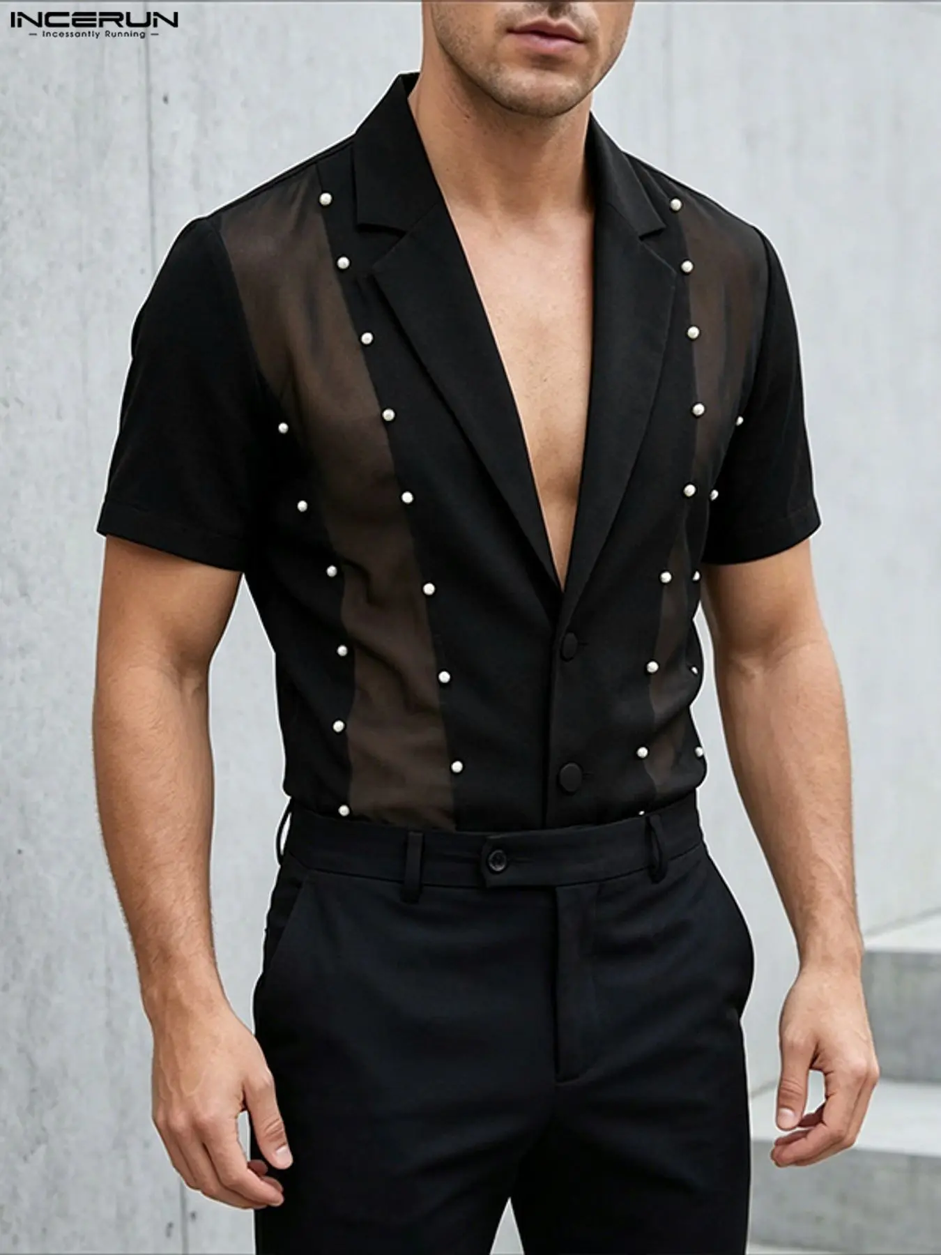 INCERUN Men's Summer Casual Sheer Patchwork Pearl Shirt, Stylish and Comfortable Design, Perfect for Warm Weather
