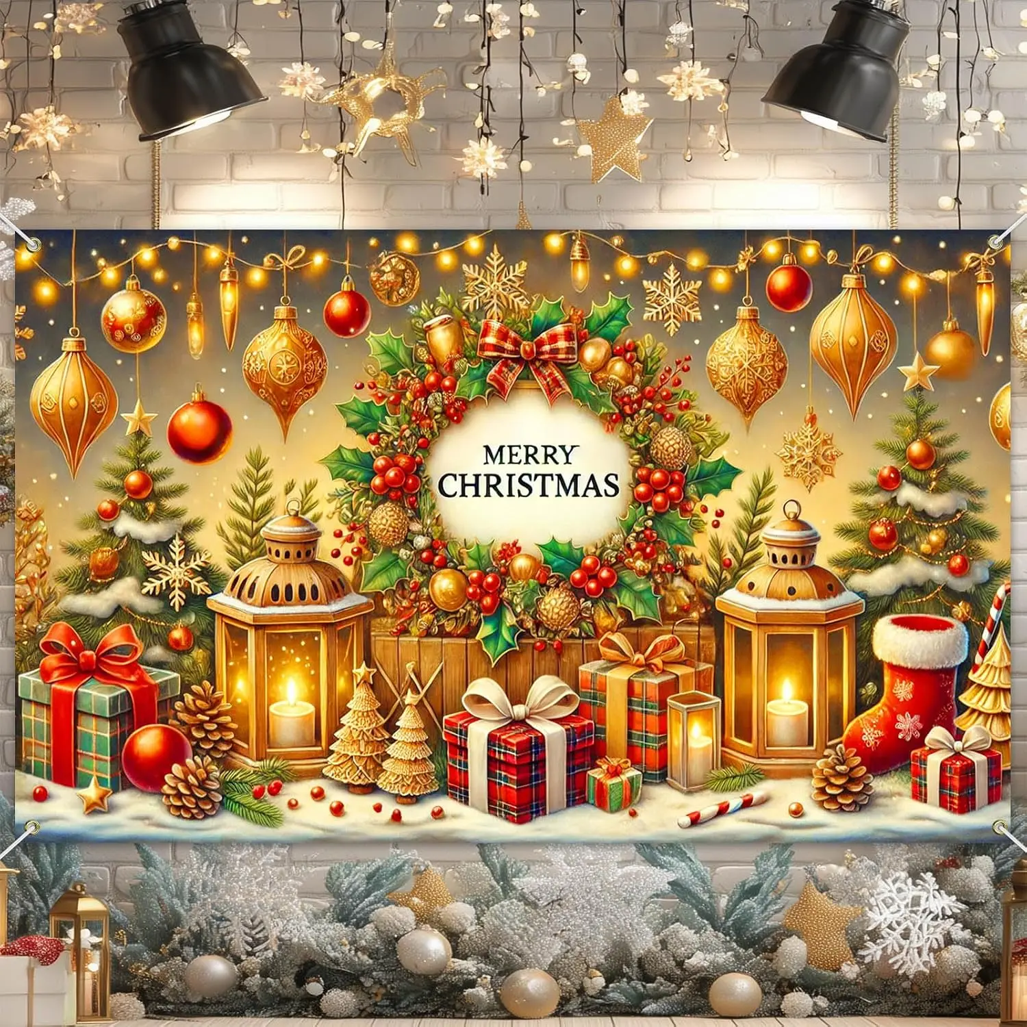 Christmas Decor Banner#03 - 71x43in Golden Tree Lights Ornaments Design Wall Decoration, Festive Party Backdrop for Photo Booth, Office Gifts