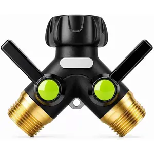 Metal 2-Way Brass Hose Splitter with Shut Off Valves - 2-Way Water Control, 3/4" GHT Faucets Compatible, Leak-Resistant Large Ball Valve, TPR-Coated Comfortable Grip Garden Y Connector