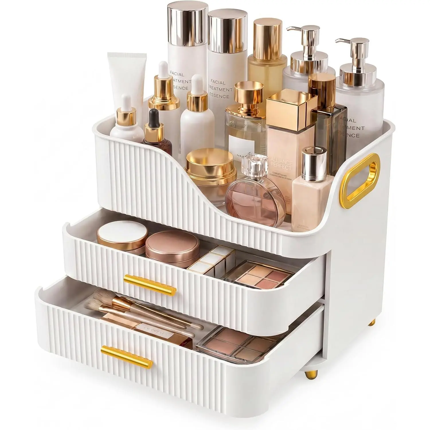 White 3-Tier Box-Style Compartmentalized Cosmetic Organizer with Drawers, Boxed Makeup Storage for Vanity & Bathroom Counter, Teen Girl Gift for Lipsticks & Palettes