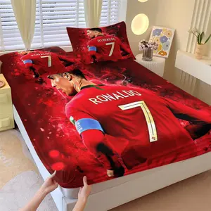 Football Star Red Base Print Fitted Sheet Set & 2 Pillowcases-No.7 Player Back View with Red Nebula & Light Spot Effect Background-Comfortable Non-Slip Mattress Protector-Passionate Boys' Bedroom Decor Gift for Football Fans