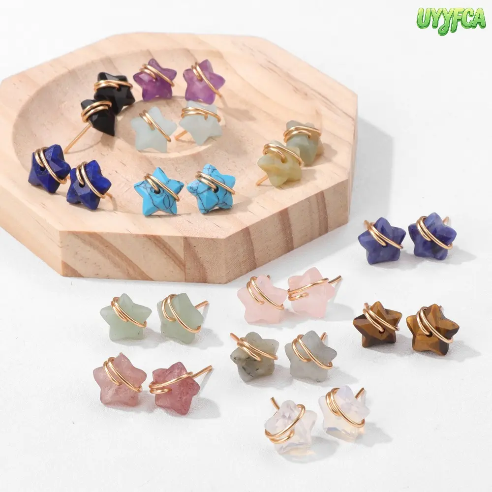 Female Natural Crystal Stones Star Stud Earrings - Mismatched Hand Wire-Wrapped Metal Plated Gold Celestial Tiny Ear Studs, Dainty Minimalist Multi-Gemstone Jewelry, 4th of July Outfit Accessory, Baby Shower Gift, Girl