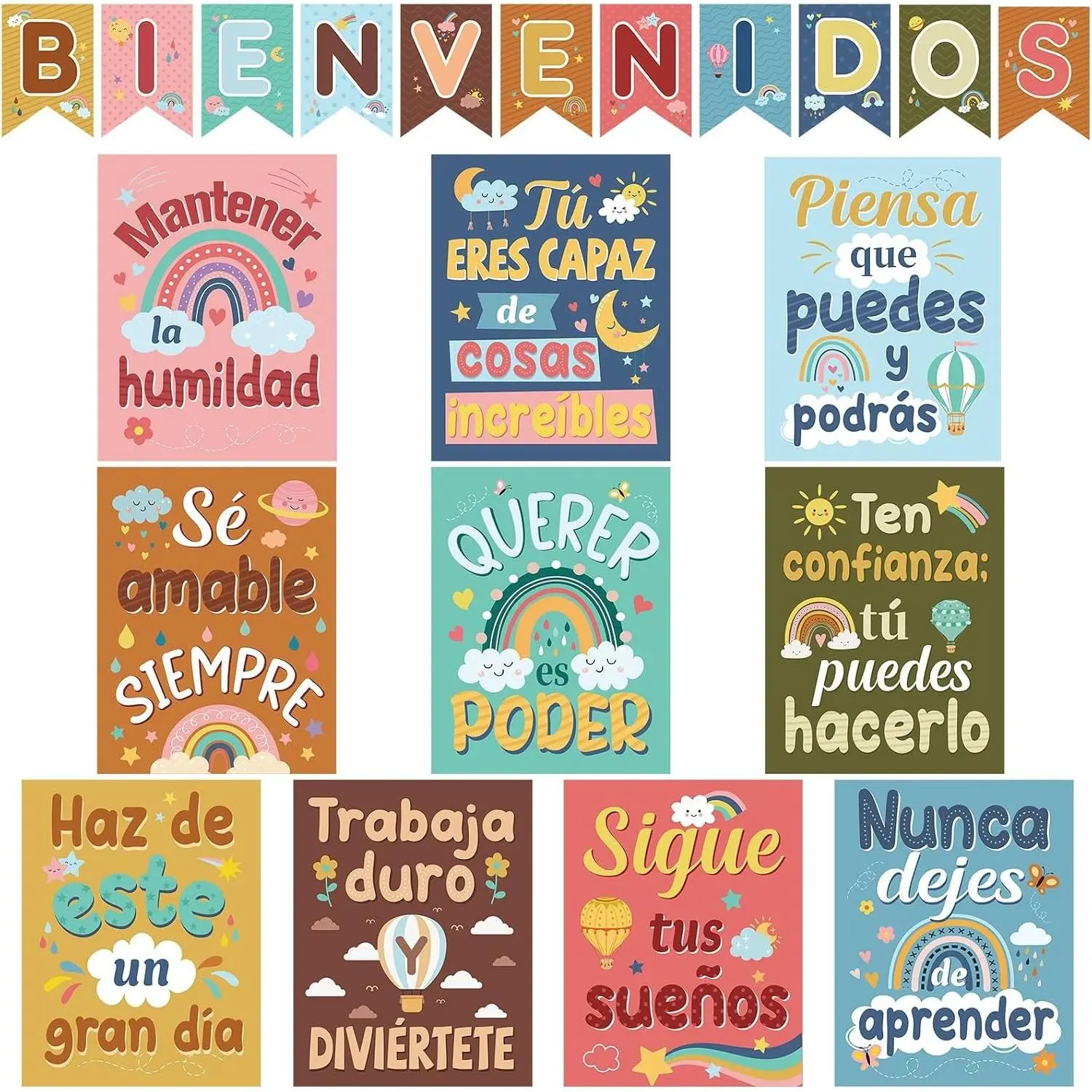 21 Pcs Spanish Posters Bulk Bienvenidos Motivational Classroom Posters Decorations 11"x14" Boho Growth Mindset Inspirational Study Materials for Hispanic Heritage Month Bulletin Board Wall