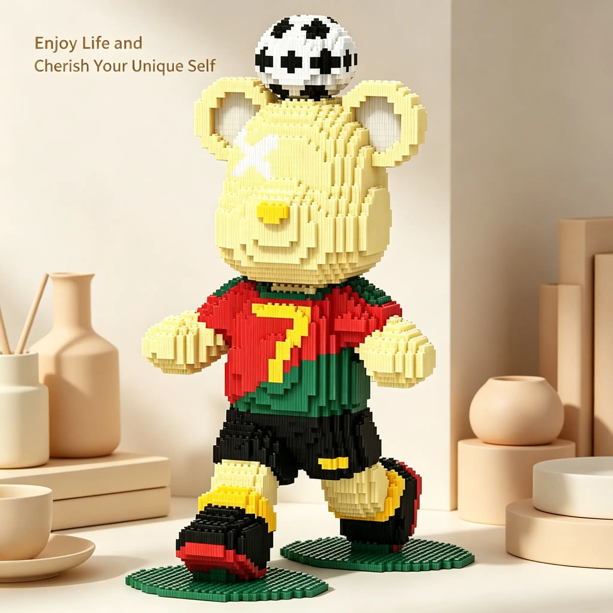 Football Bear Creative Building Blocks 3D Puzzle, DIY Building Model, Home Office Decor, Party Decoration, Ideal Gift, Handmade Craft, Fine Carving, Lightweight Statue