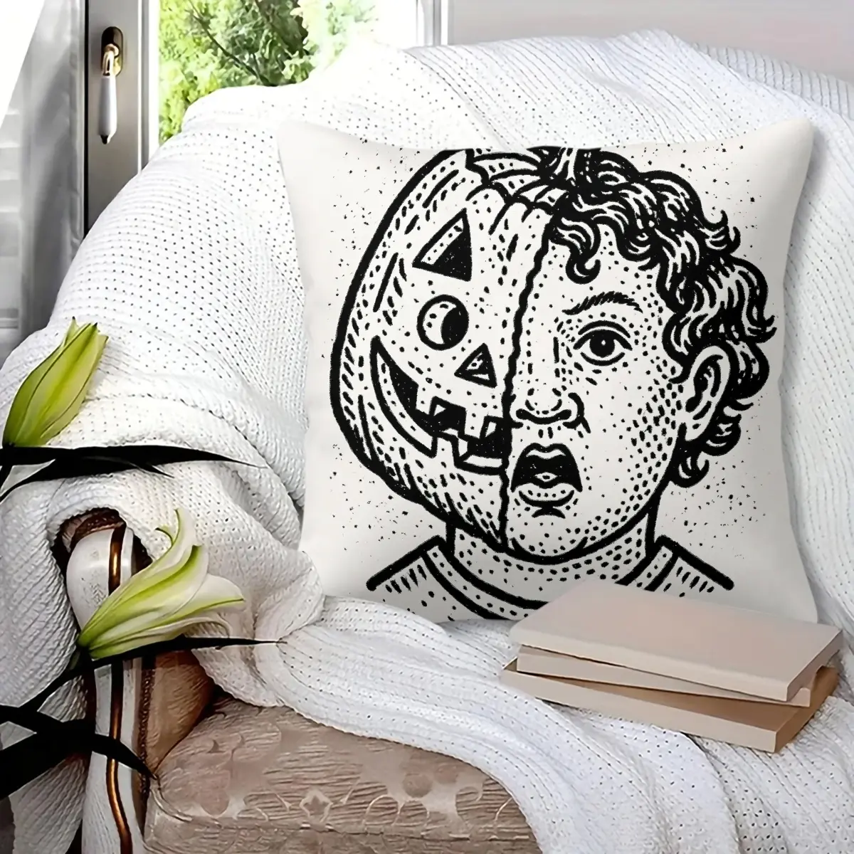 45x45cm 1Pc, Halloween Dual Face Jack-o'-lantern and Boy Print Throw Pillow, Soft Cozy Durable Decorative Cushion, Perfect for Sofa, Bed, Bedroom and Living Room Decor, Great Spooky Holiday Gift