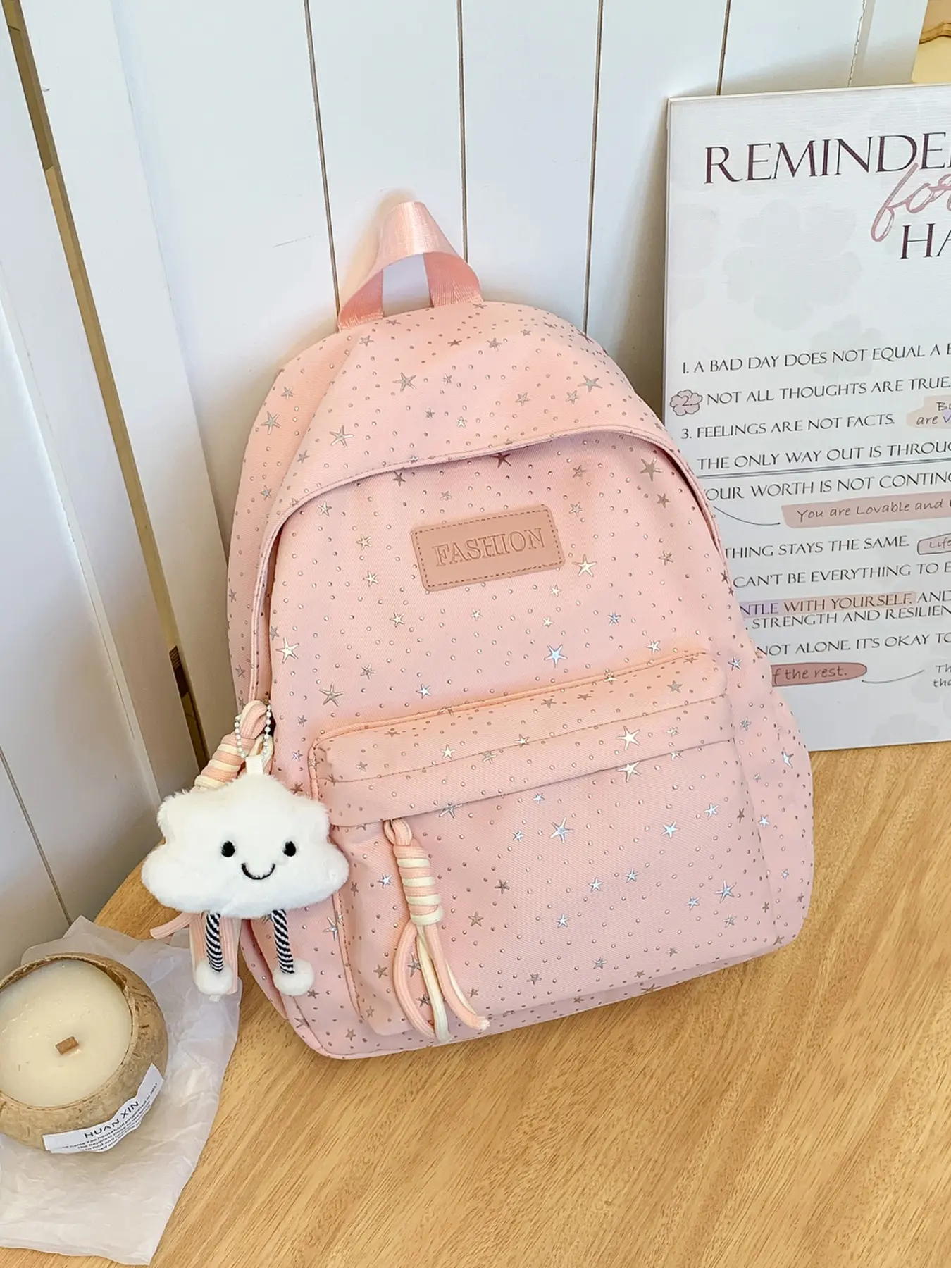 New Retro Oxford Starry Backpack 6 Colors，Soft Macaron Pink Yellow Green Blue Purple White，Lightweight Anti-Theft School Bag with Cloud Pendant for Teen Girls，Cute Sparkle Casual Daypack for Daily College Travel，Kawaii Backpack