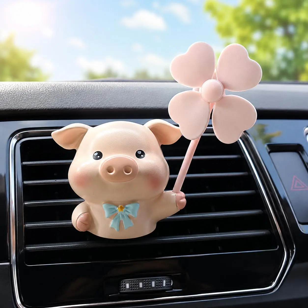 Kawaii Pig Shape Car Air Condition Vent Clip - Clip-On Waterproof Aroma Diffuser with Rotating Windmill Blades, Non-Deformable, Smooth Flat Surface Dashboard Trim Accessory for Most Cars (Pink Pig), Diffuses