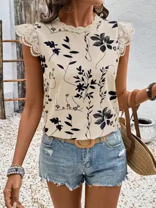 Women's Beige Floral Print Sleeveless Top, Lace Trim Crew Neck Casual Loose Blouse