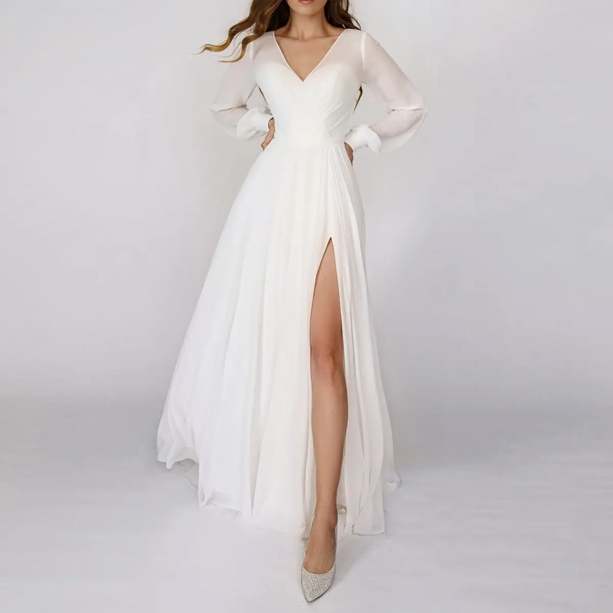 New European and American Wedding Dress 2026 New Style Chiffon Slit Long Sleeve V-Neck Elegant Slim Light Wedding Dress Wholesale Summer