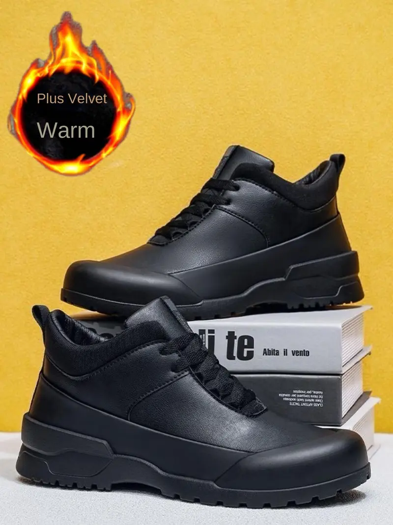 Men's Winter Fleece Lined Leather Shoes, Thick Sole Work Kitchen Boots, Waterproof Non-Slip Chef Shoes, Boots