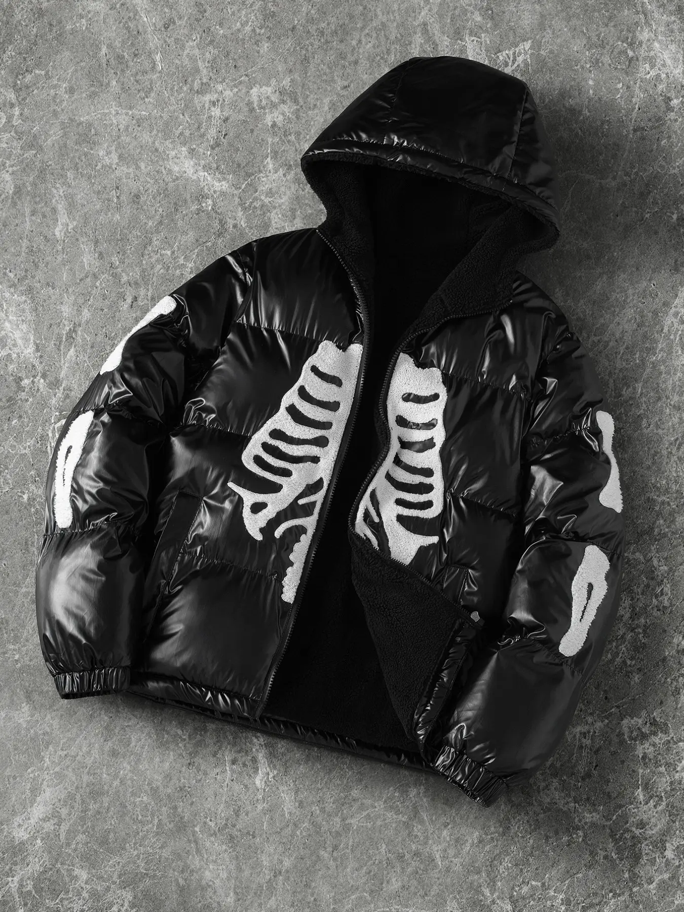 Winter New Cool Bone Print Cotton Jacket, Glossy Hooded Coat, Thick Fleece Lining, Loose Oversize Quilted Design, Street Style Unisex